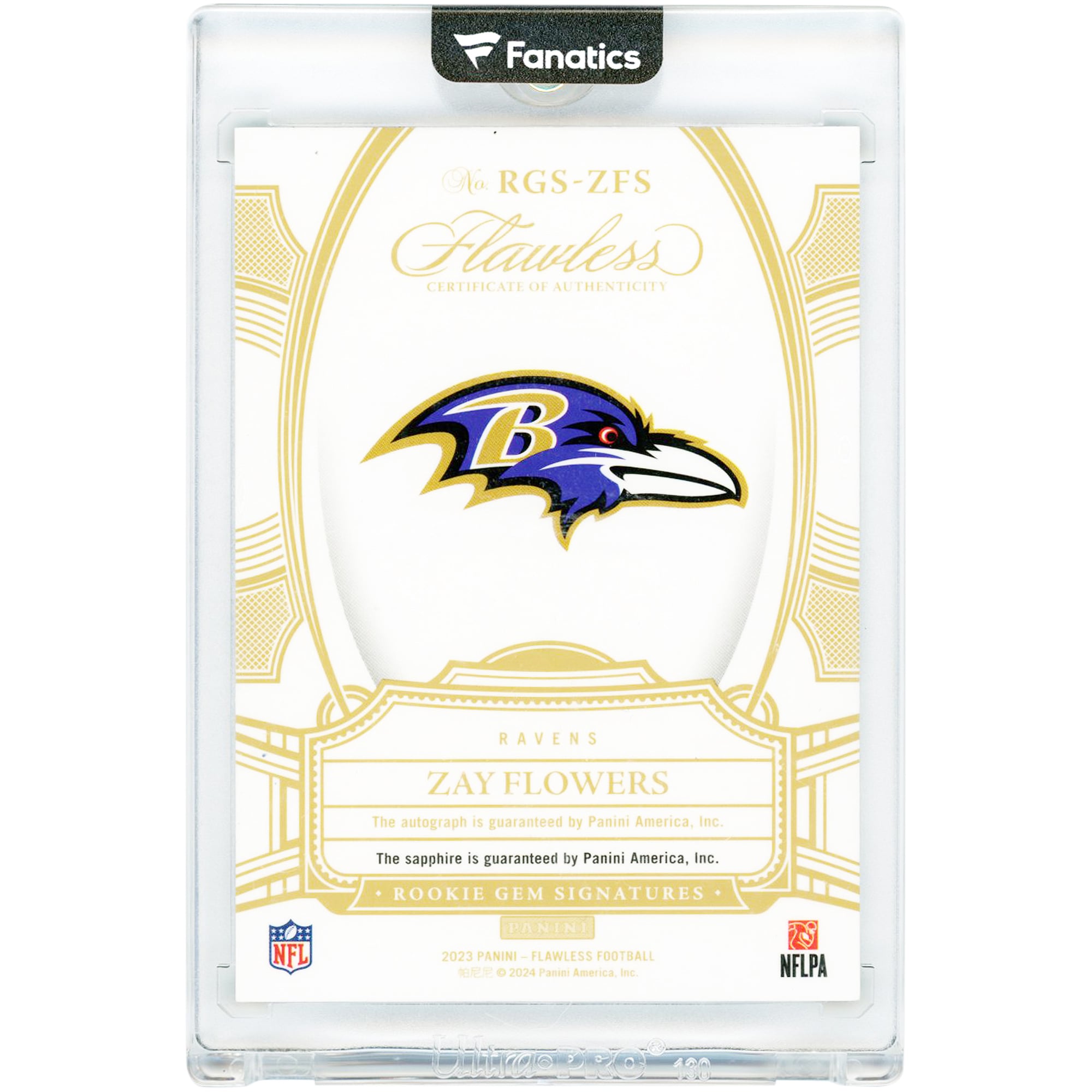 Zay Flowers Baltimore Ravens Autographed 2023 Panini Flawless Sapphire Gem #RGS-ZFS #5/15 Rookie Card