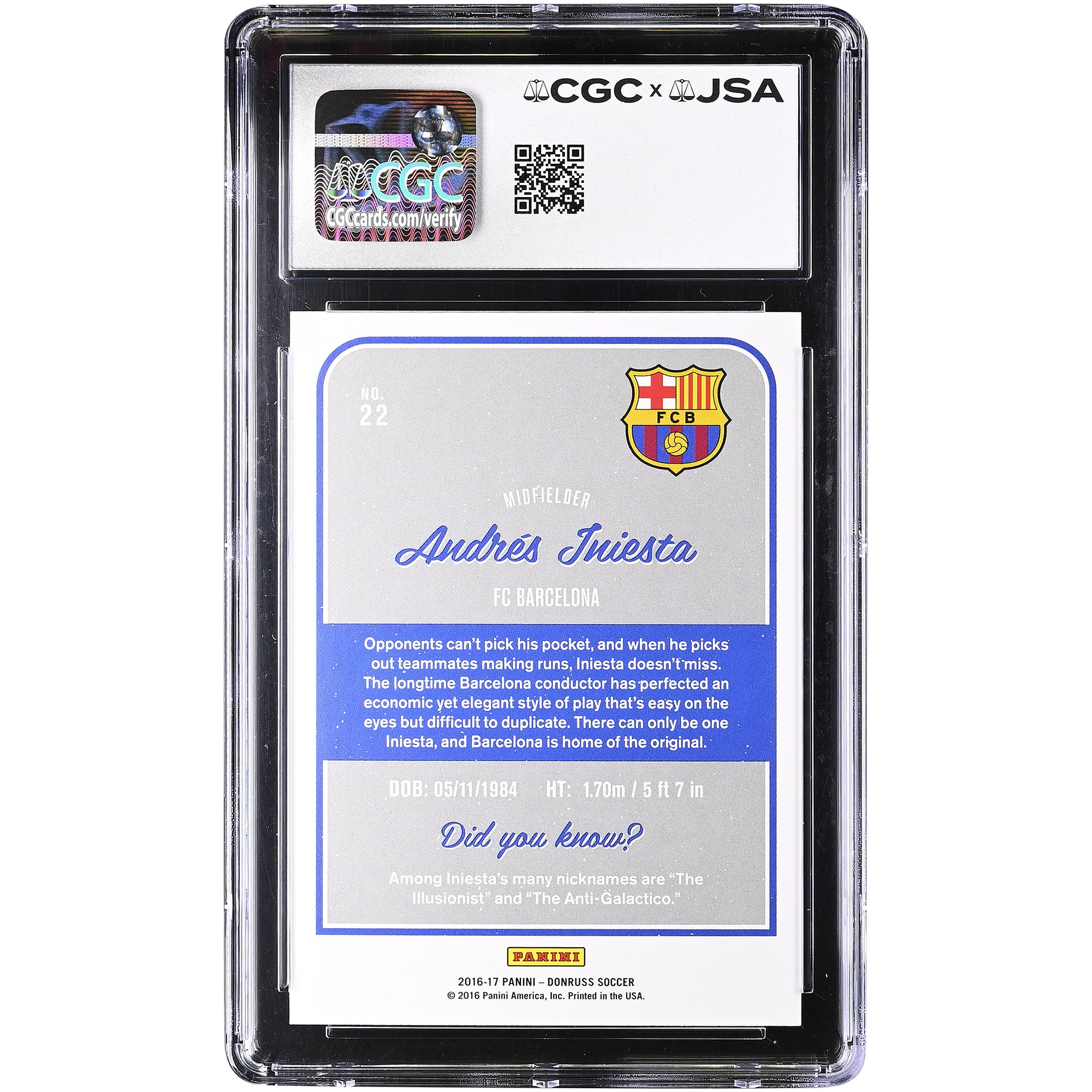 Andres Iniesta Barcelona Autographed 2016-17 Panini Donruss #22 CGC Authenticated /10 Card