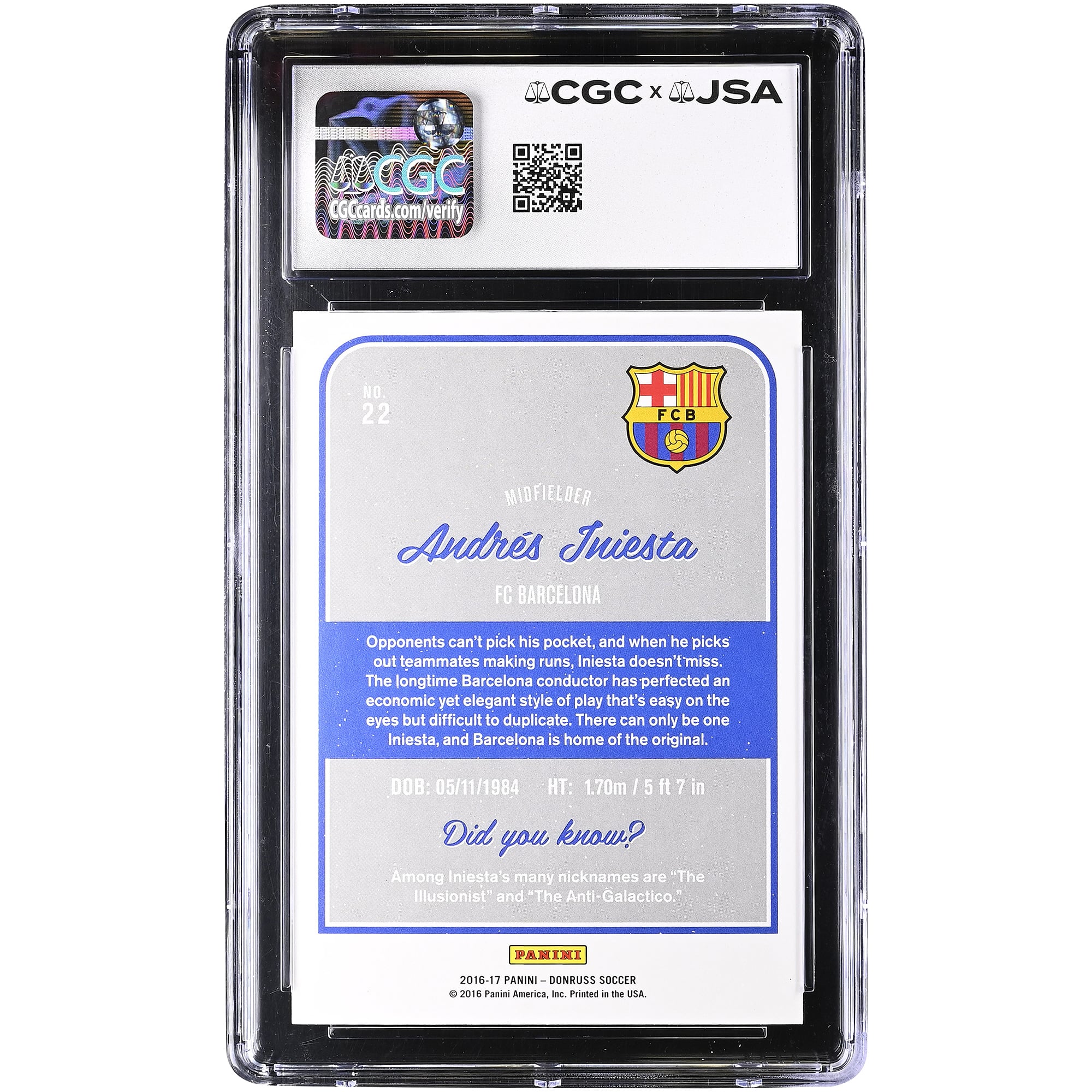 Andres Iniesta Barcelona Autographed 2016-17 Panini Donruss #22 CGC Authenticated Auto 10 Card