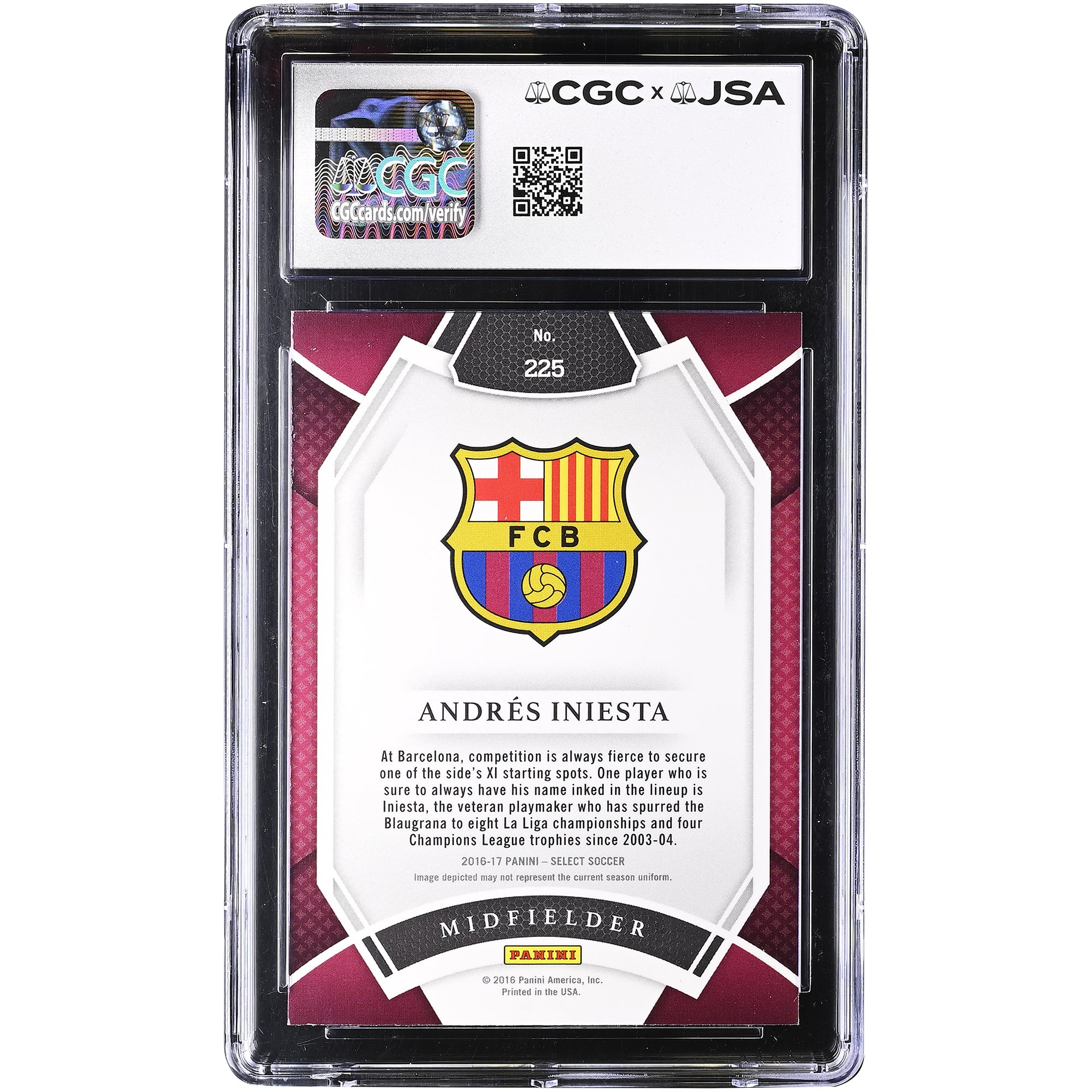 Andres Iniesta Barcelona Autographed 2016-17 Panini Select #225 CGC Authenticated 9/10 Card
