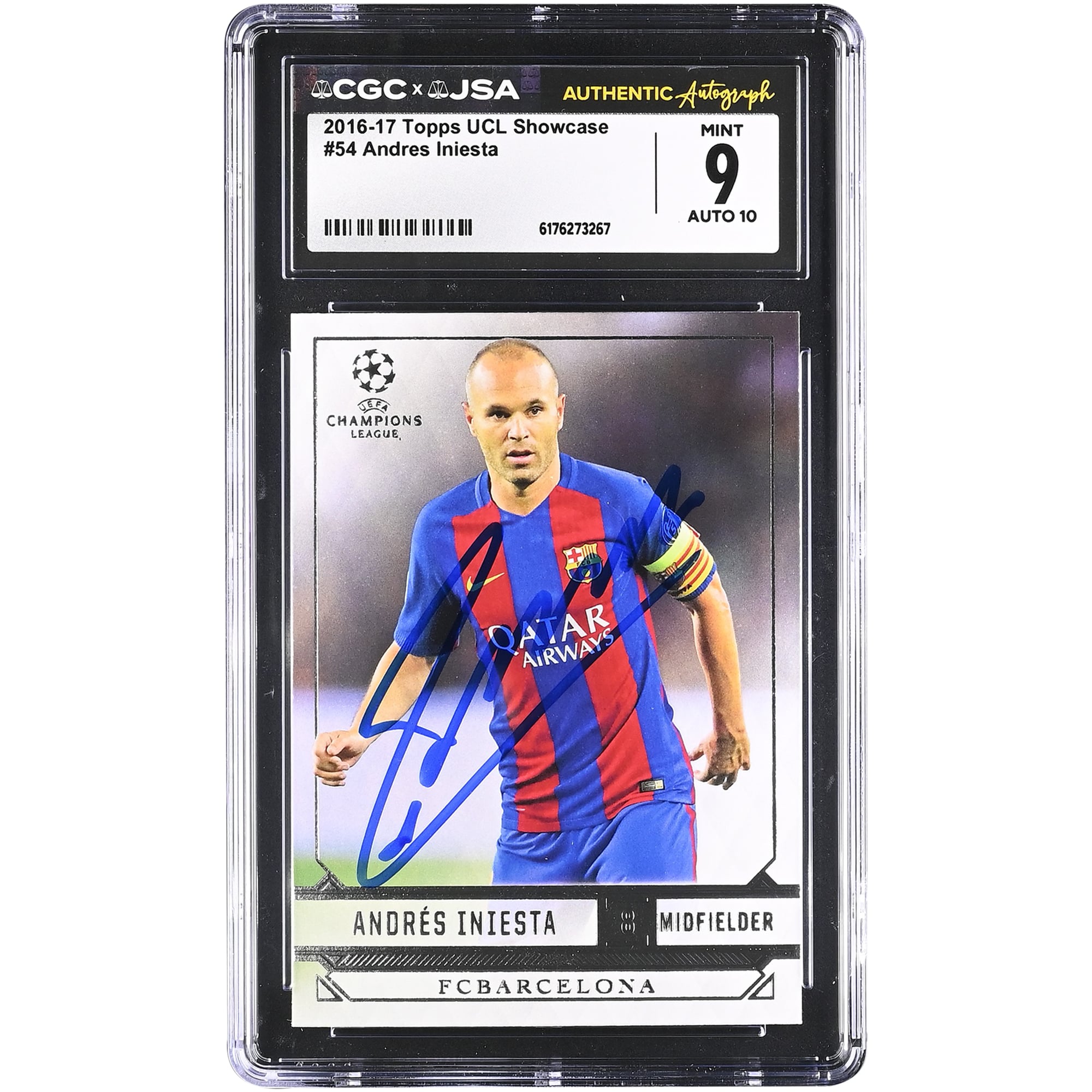 Andres Iniesta Barcelona Autographed 2016-17 Topps UCL Showcase #54 CGC Authenticated 9/10 Card