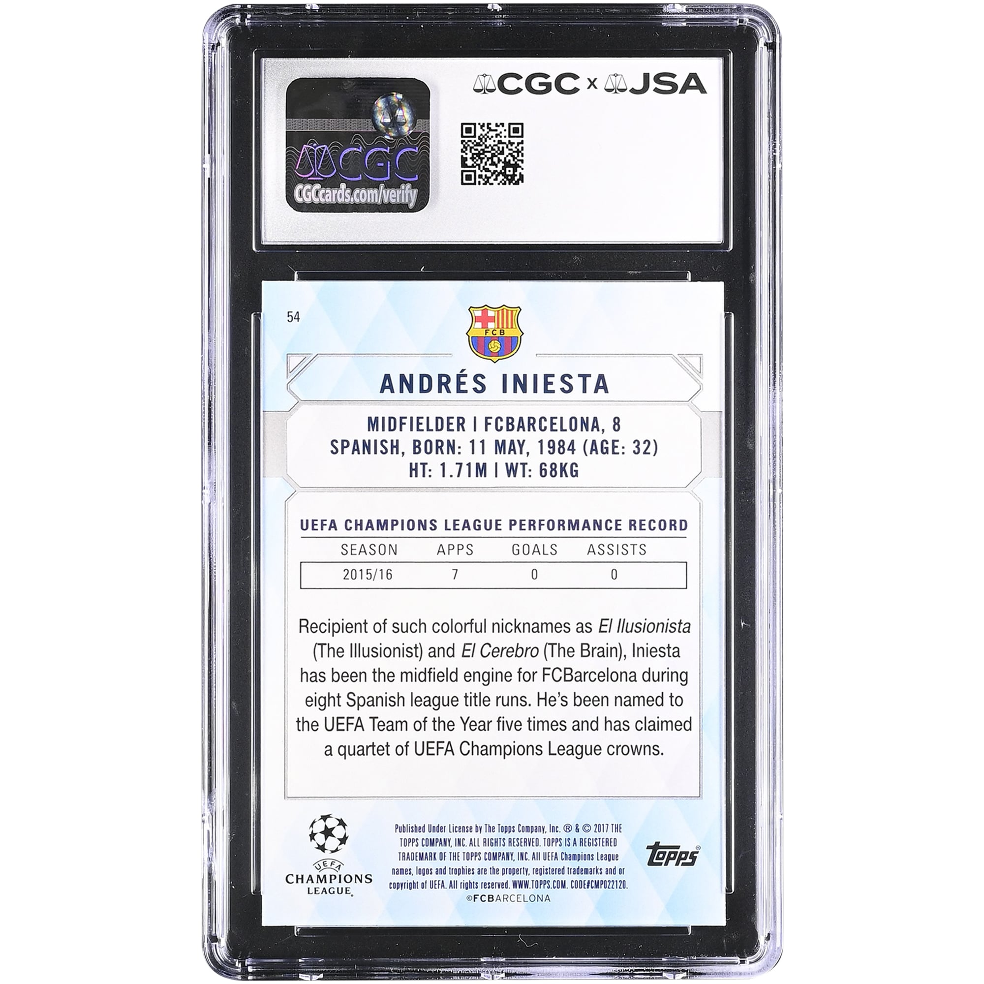 Andres Iniesta Barcelona Autographed 2016-17 Topps UCL Showcase #54 CGC Authenticated 9/10 Card