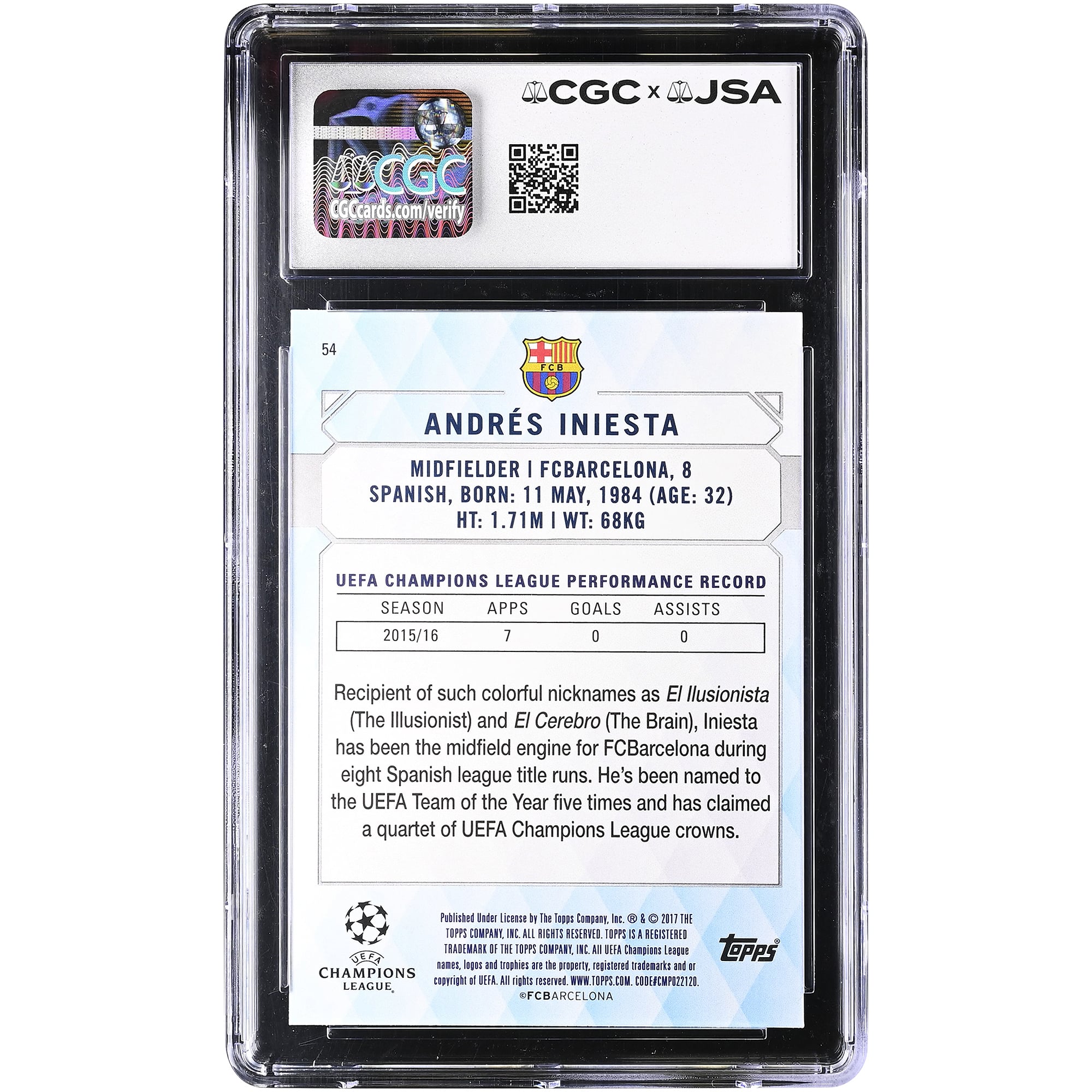 Andres Iniesta Barcelona Autographed 2016-17 Topps UCL Showcase #54 CGC Authenticated Auto 10 Card