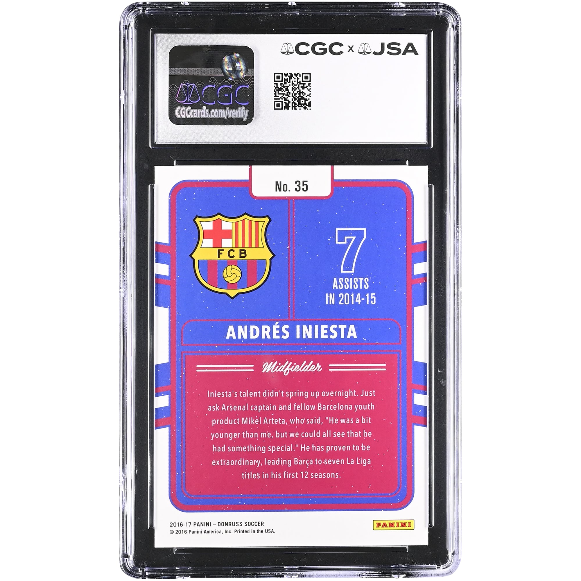Andres Iniesta Barcelona Autographed 2016 Panini Donruss #35 CGC Authenticated 9/10 Card