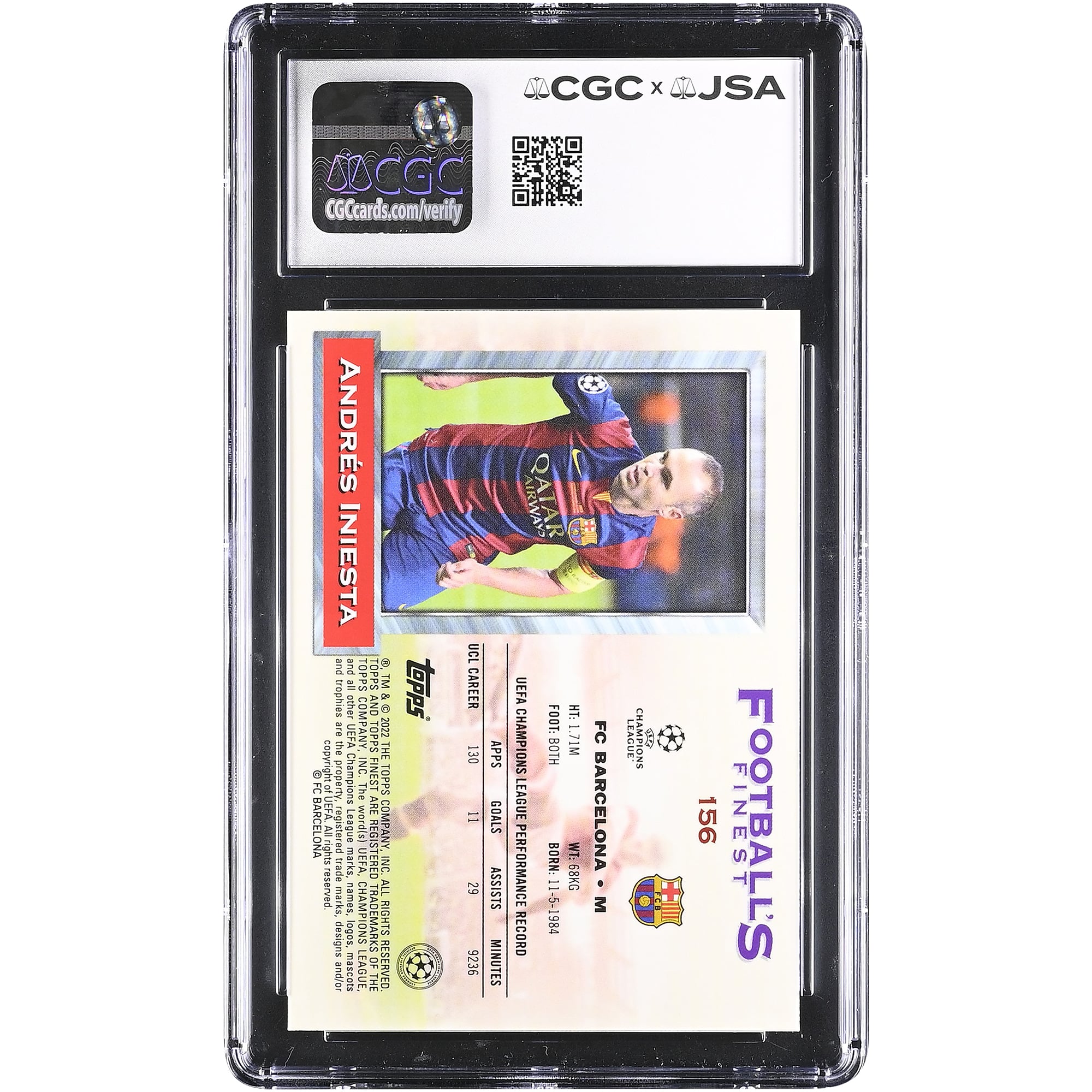 Andres Iniesta Barcelona Autographed 2021-22 Topps Finest Flashbacks UCL #156 CGC Authenticated Card
