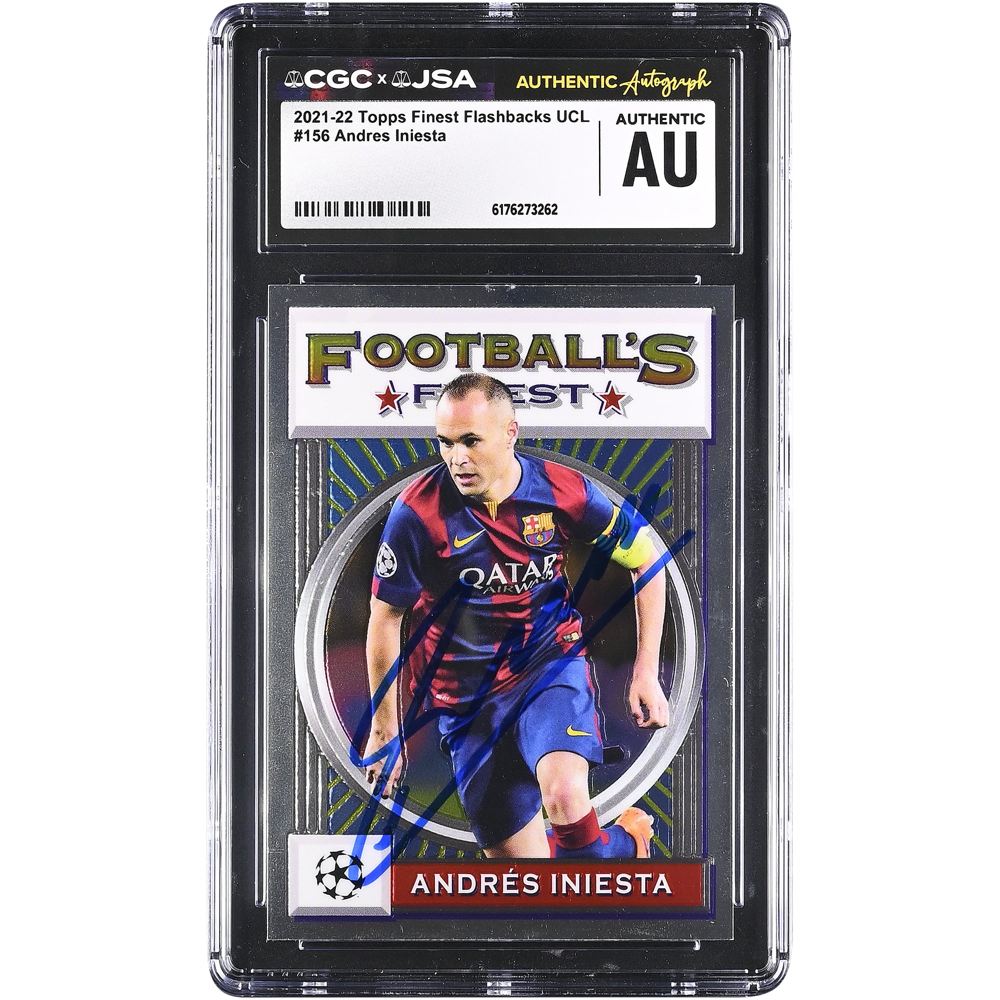 Andres Iniesta Barcelona Autographed 2021-22 Topps Finest Flashbacks UCL #156 CGC Authenticated Card