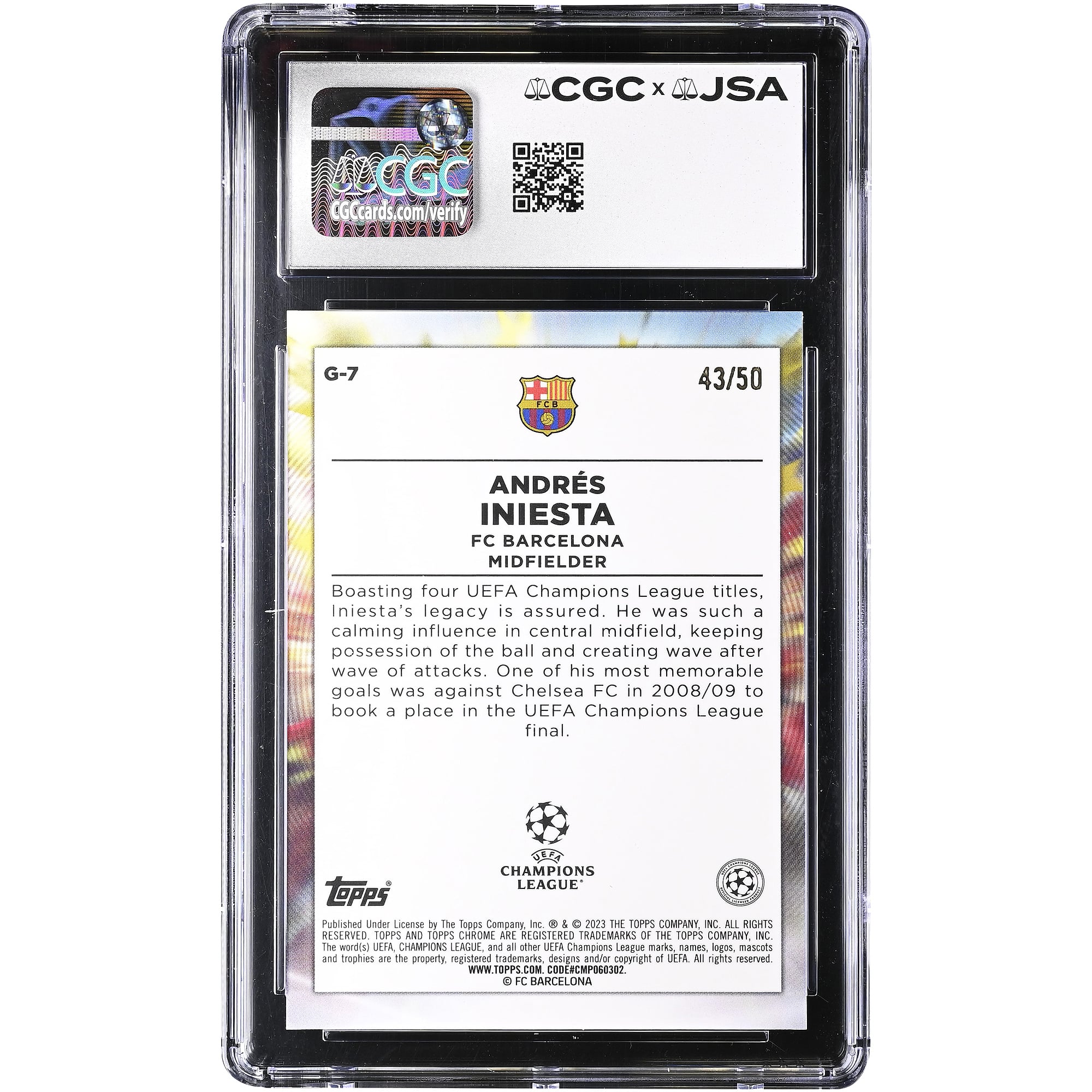 Andres Iniesta Barcelona Autographed 2022-23 Topps Chrome UEFA CC Golazo Gold Refractor #G-7 #/50 CGC Authenticated 10/10 Card