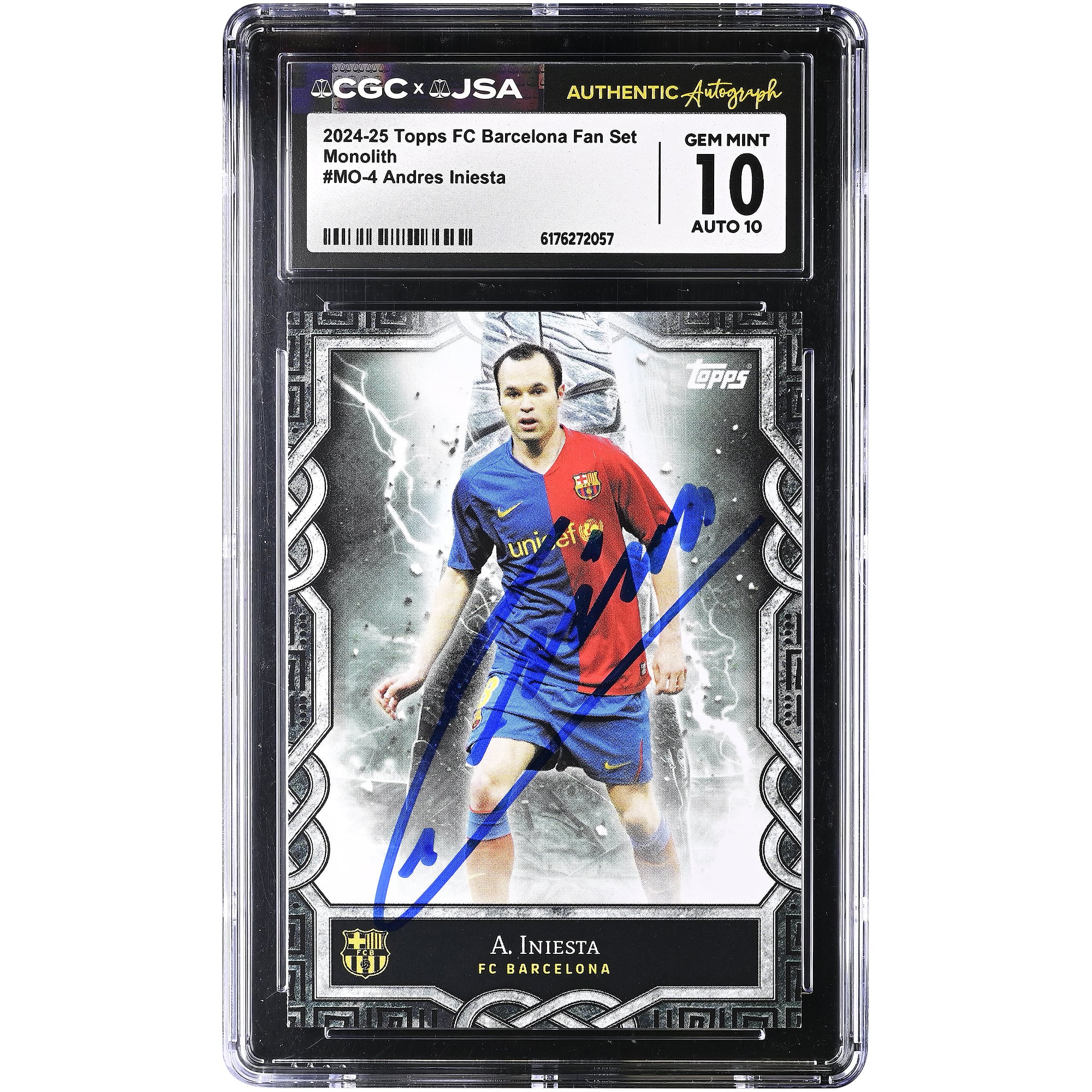 Andres Iniesta Barcelona Autographed 2024-25 Topps FC Barcelona Fan Set Monolith #MO-4 CGC Authenticated 10/10 Card