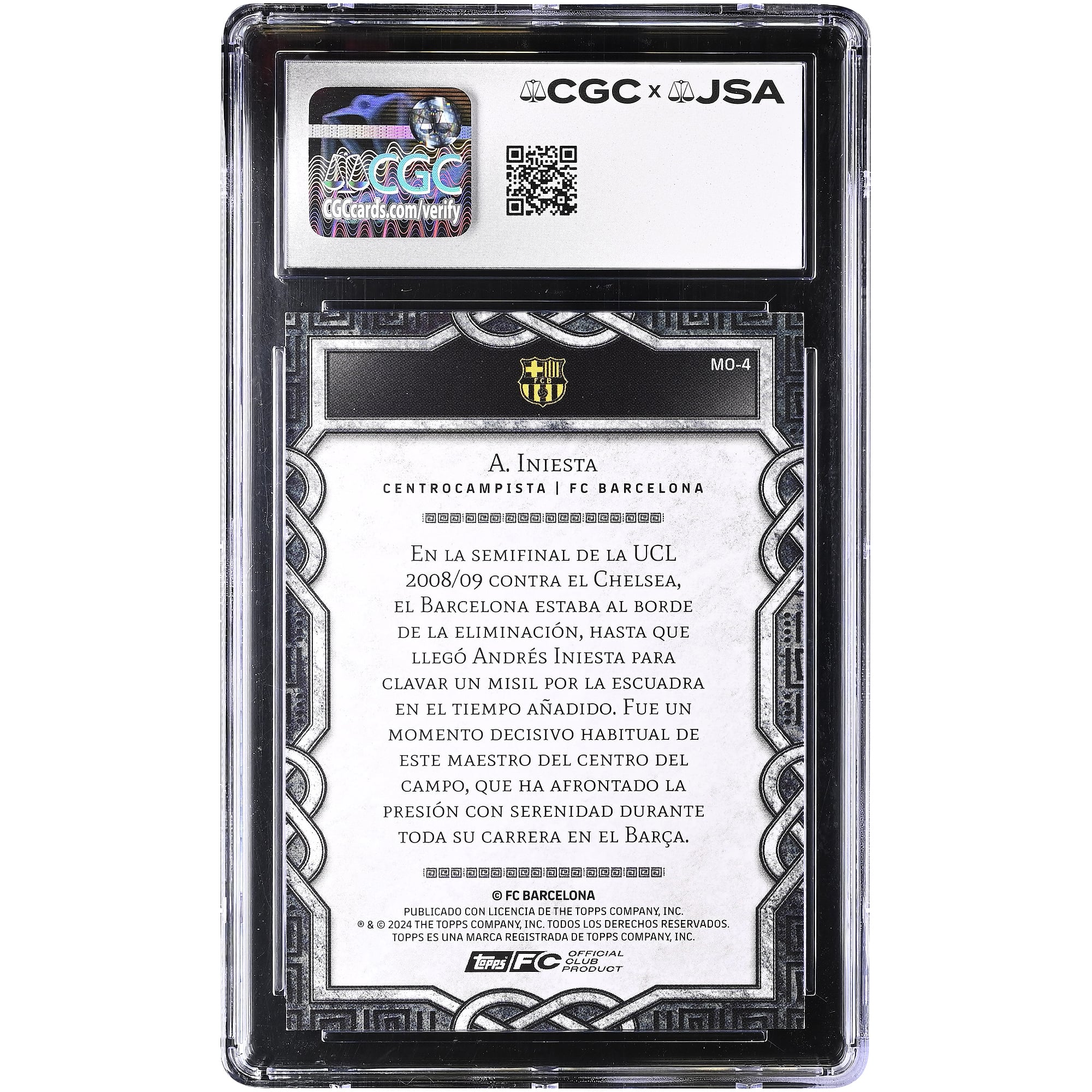 Andres Iniesta Barcelona Autographed 2024-25 Topps FC Barcelona Fan Set Monolith #MO-4 CGC Authenticated 10/10 Card
