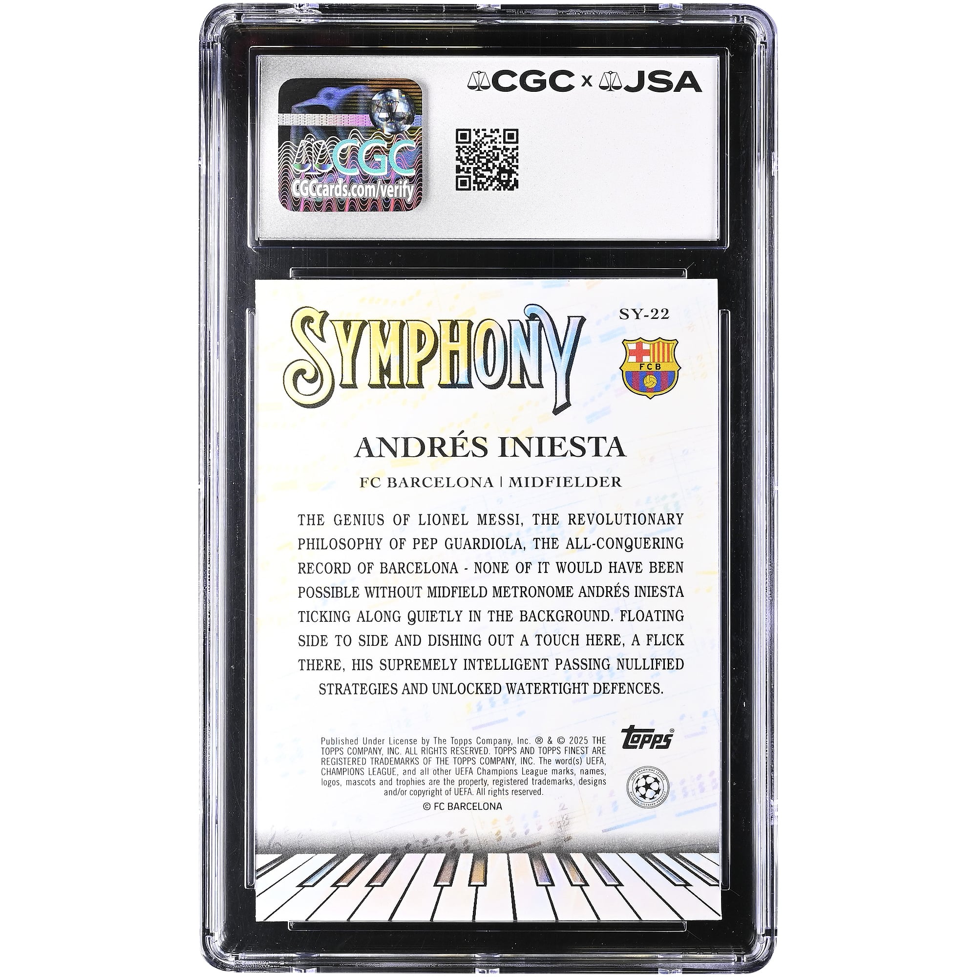 Andres Iniesta Barcelona Autographed 2024-25 Topps Finest UEFA CC Symphony #SY-22 CGC Authenticated 9.5/10 Card