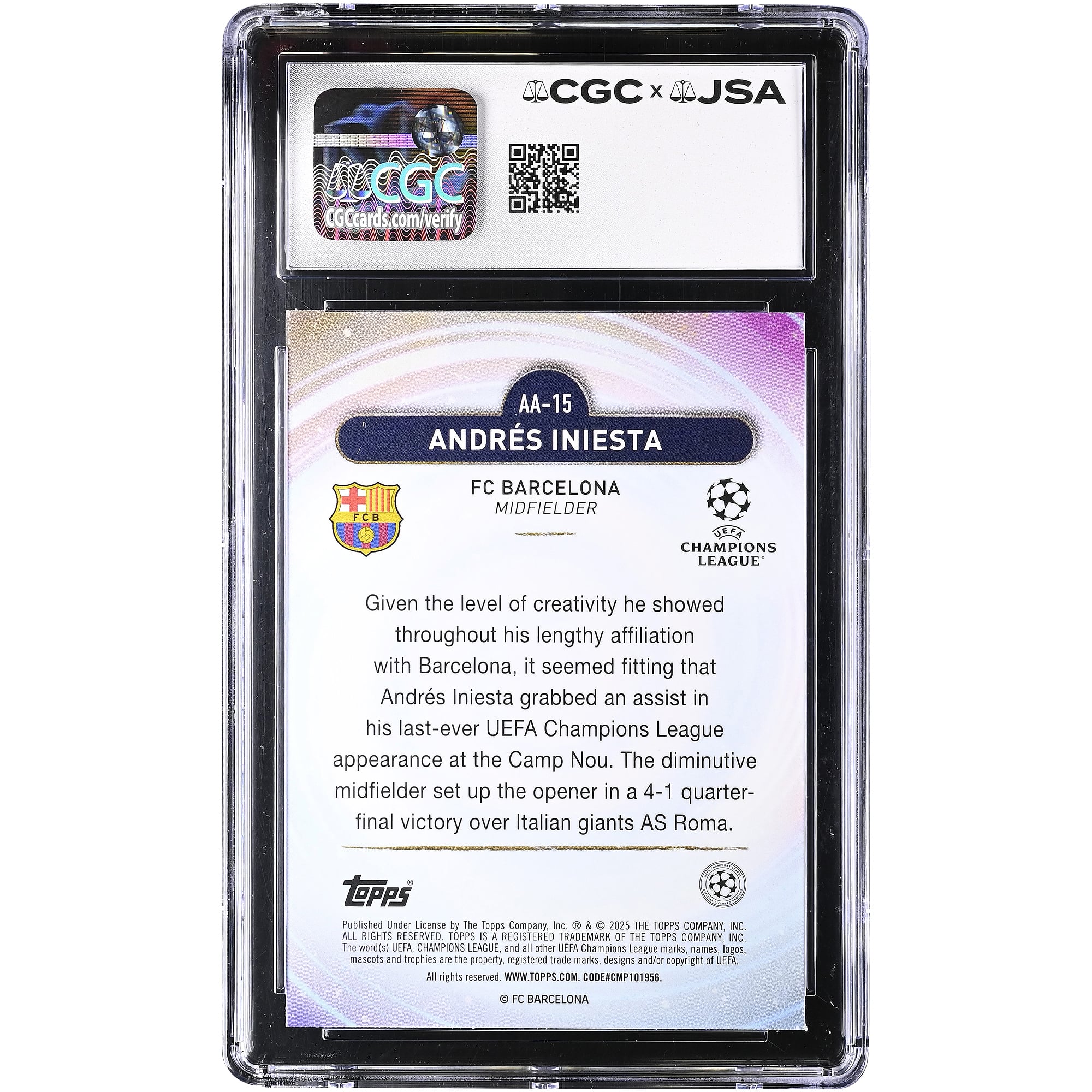 Andres Iniesta Barcelona Autographed 2024-25 Topps Merlin UEFA CC Ageless Alchemy #AA-15 CGC Authenticated 9/10 Card