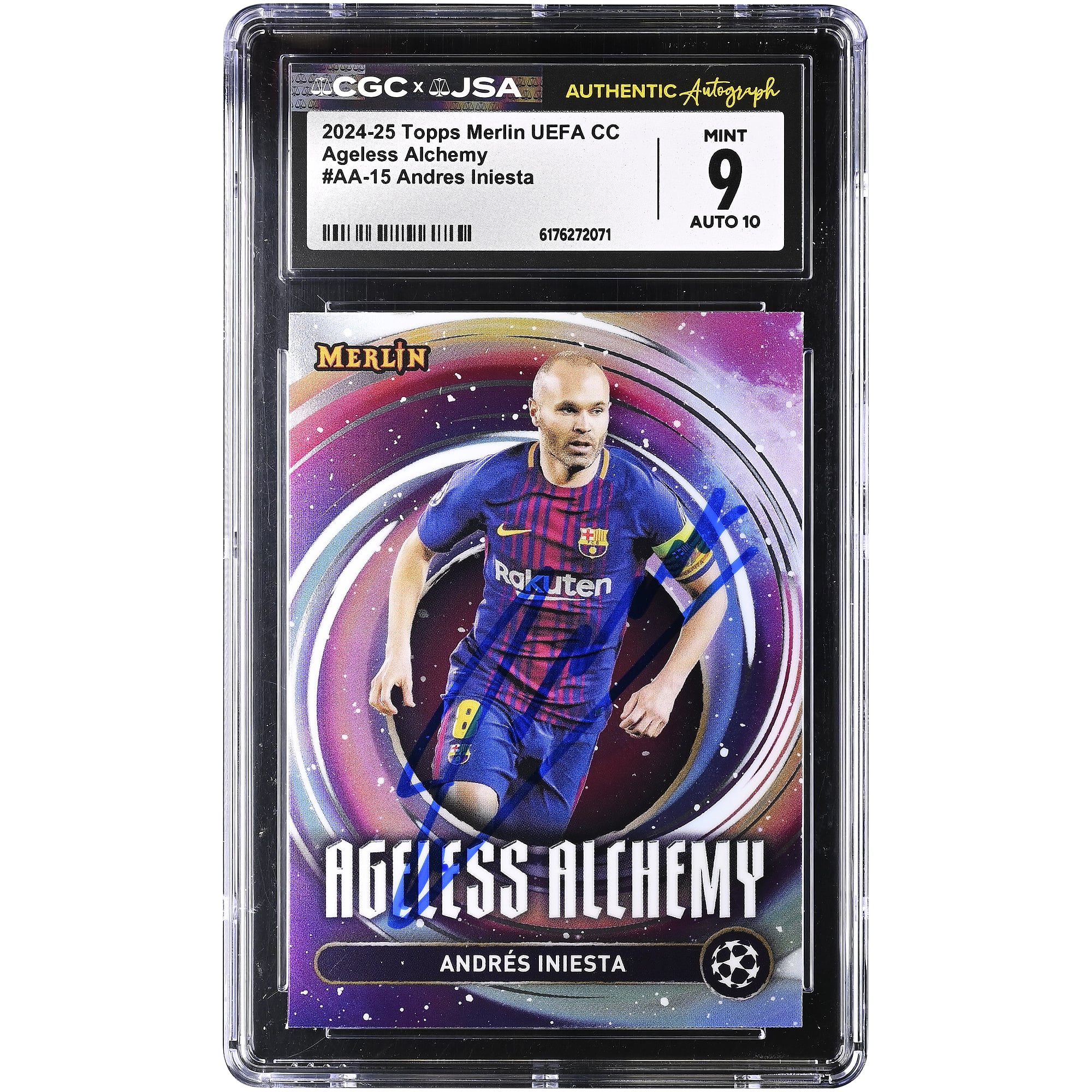 Andres Iniesta Barcelona Autographed 2024-25 Topps Merlin UEFA CC Ageless Alchemy #AA-15 CGC Authenticated 9/10 Card