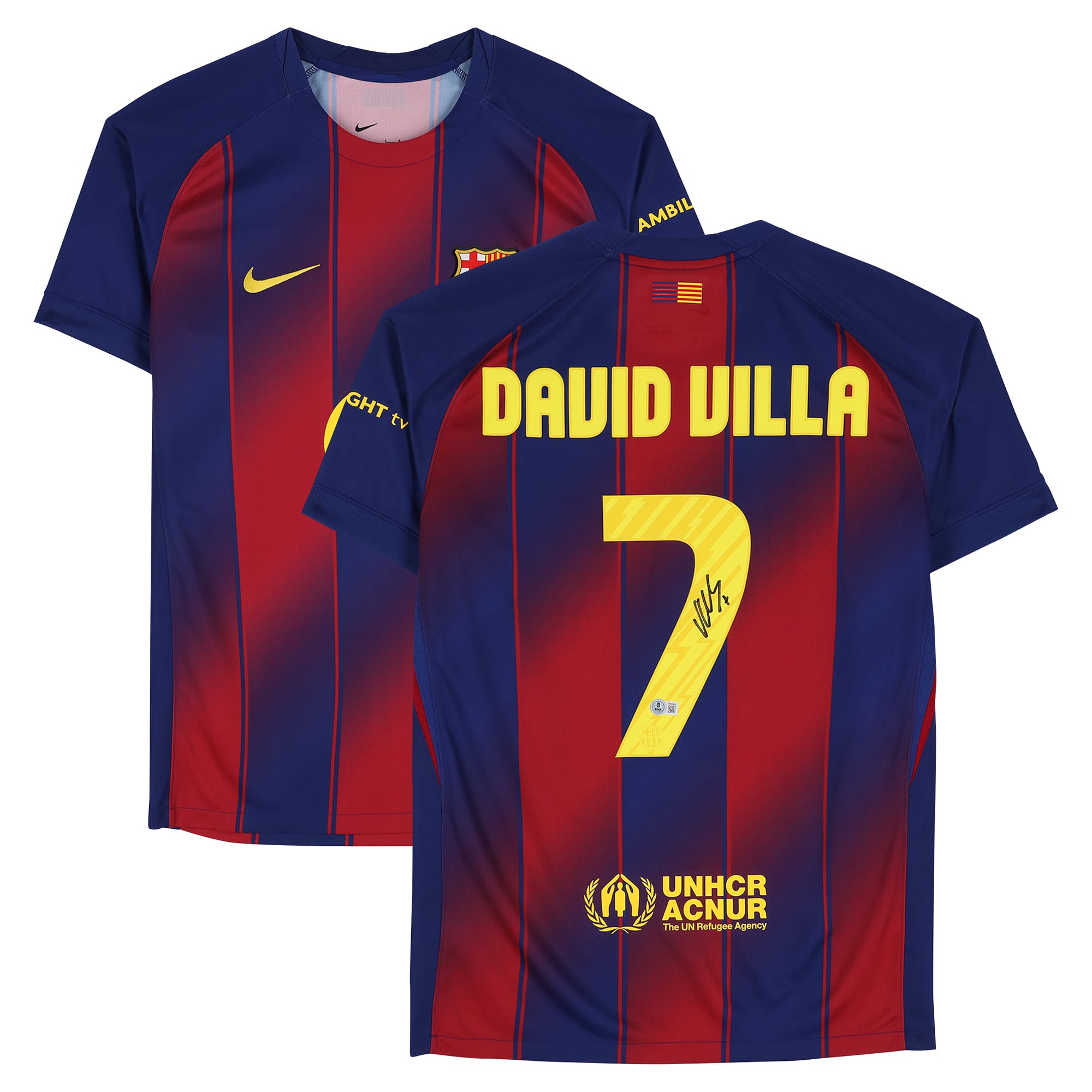 Maillot domicile moderne rouge et bleu Nike de David Villa, FC Barcelone, dédicacé par David Villa