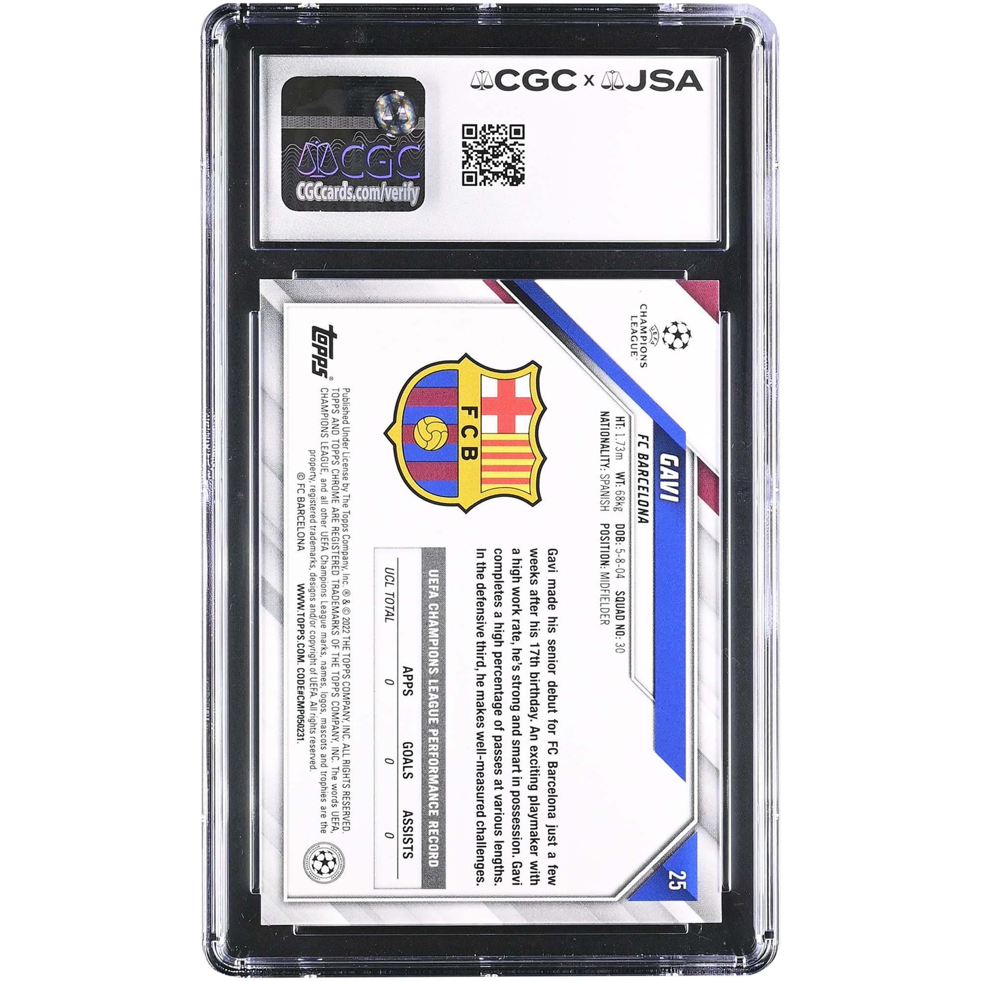 Gavi Barcelona Autographed 2021-22 Topps Chrome UEFA CL Blue Lava Refractor #25 CGC Authenticated Auto 10 Rookie Card