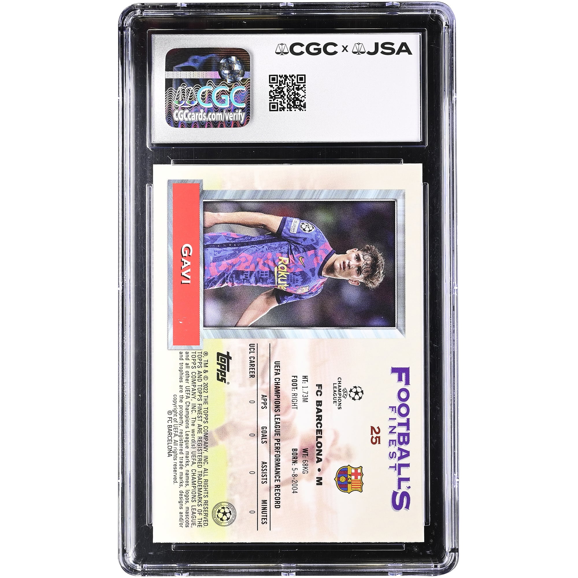 Carte de recrue Gavi Barcelone autographiée, Topps Finest Flashbacks UCL 2021-22, n° 25, authentifiée CGC 9,5/10