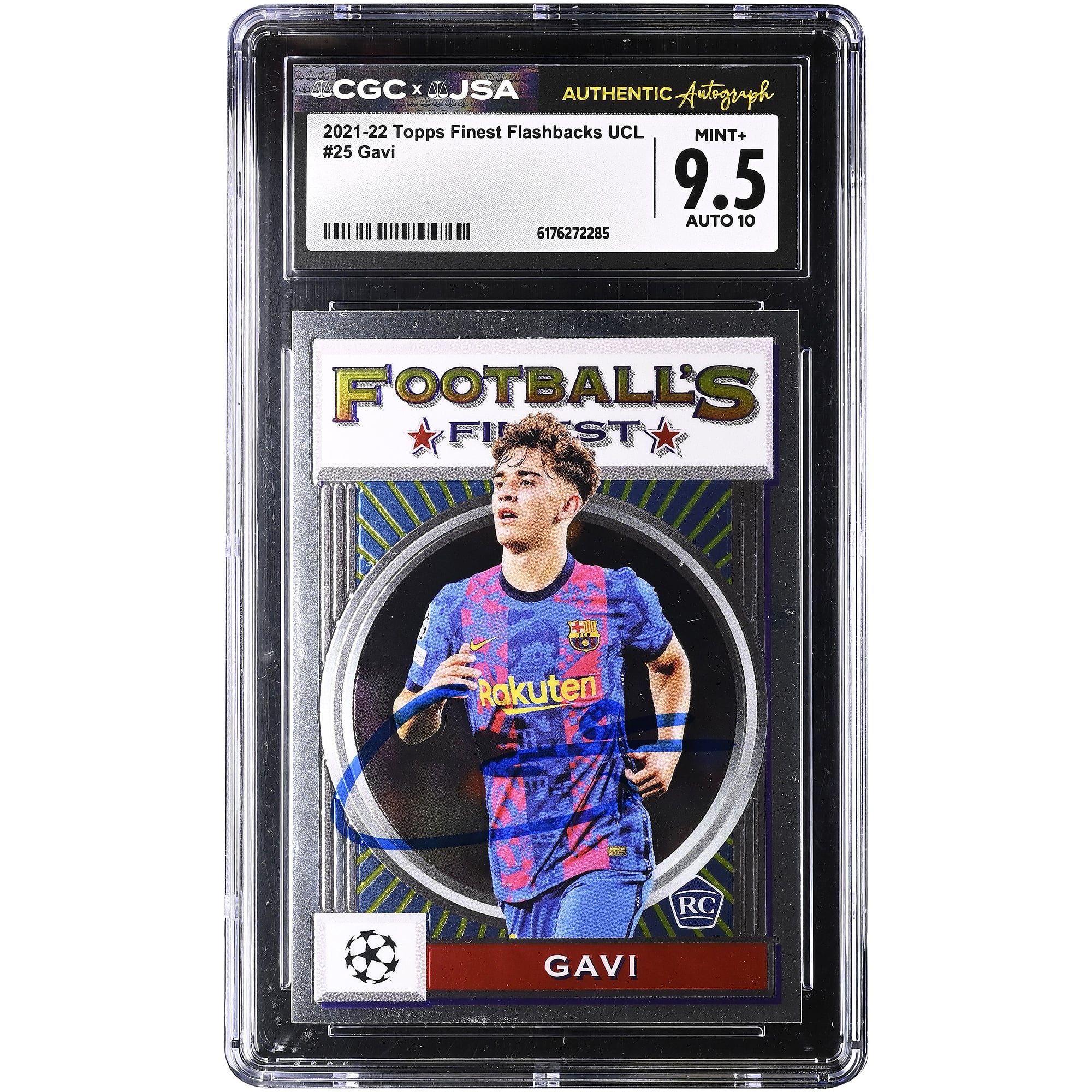 Carte de recrue Gavi Barcelone autographiée, Topps Finest Flashbacks UCL 2021-22, n° 25, authentifiée CGC 9,5/10