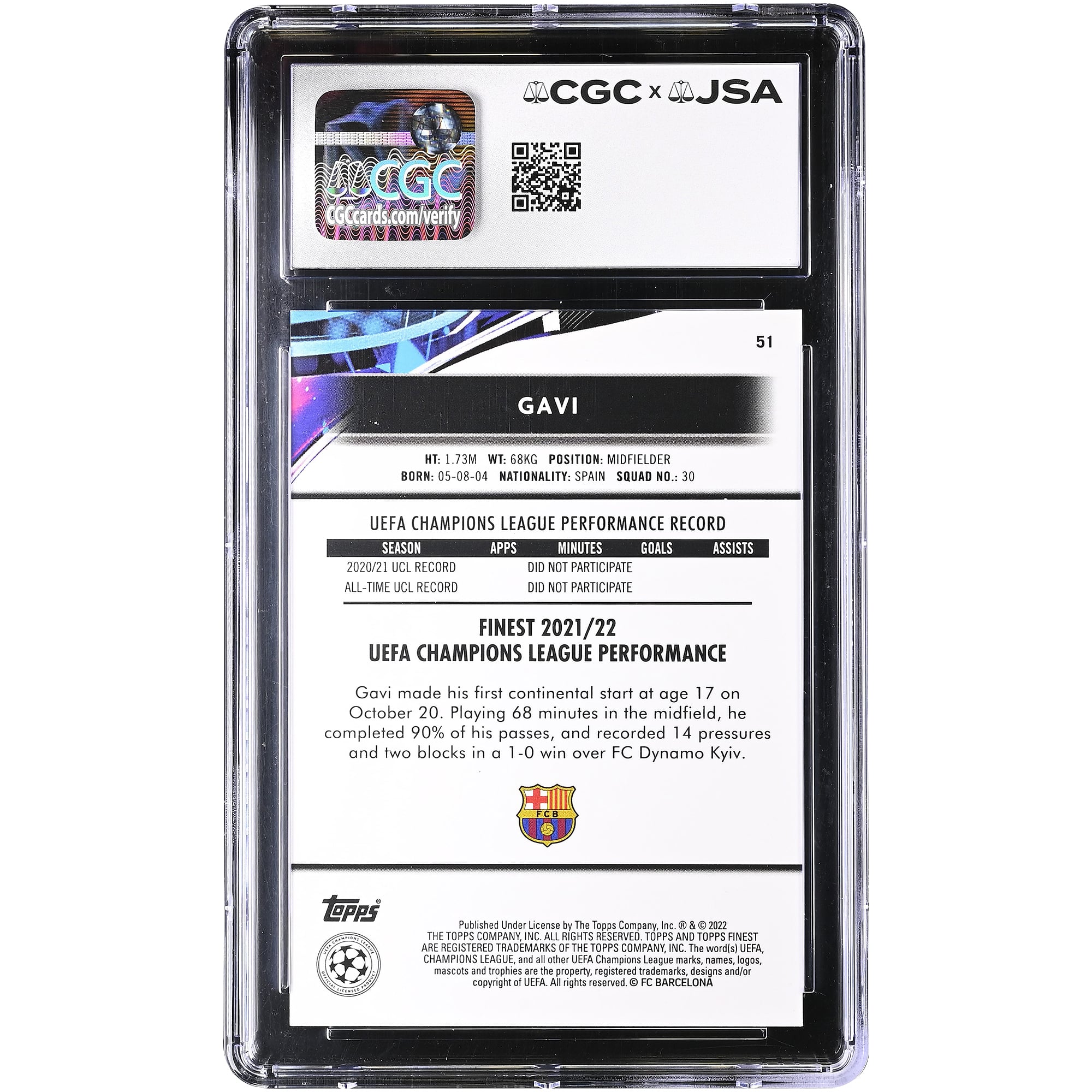 Gavi Barcelona Autographed 2021-22 Topps Finest UEFA CL #51 CGC Authenticated MINT 9 Rookie Card
