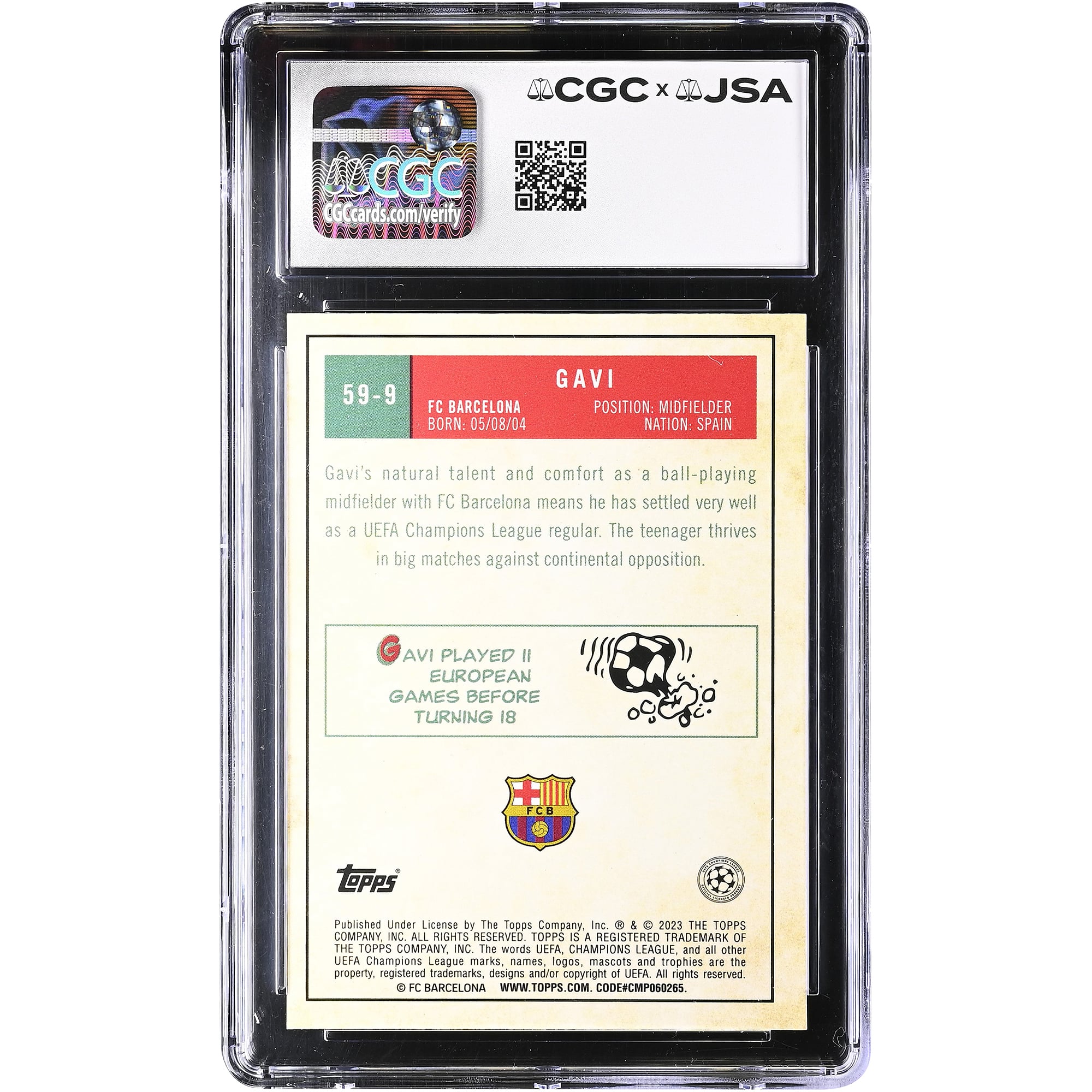 Gavi Barcelona Autographed 2022-23 Topps Chrome UEFA CC '59 Topps #59-9 CGC Authenticated Auto 10 Card