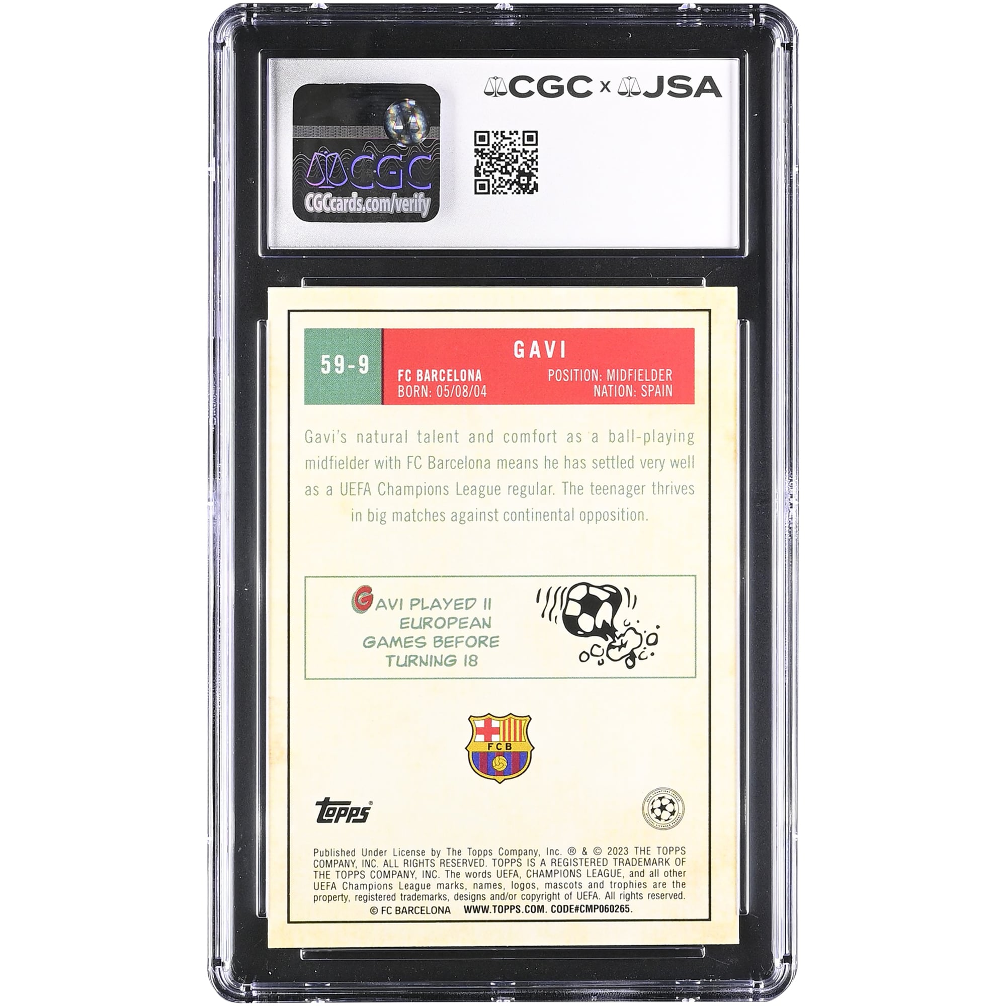 Gavi Barcelona Autographed 2022-23 Topps Chrome UEFA CC '59 Topps #59-9 CGC Authenticated Card