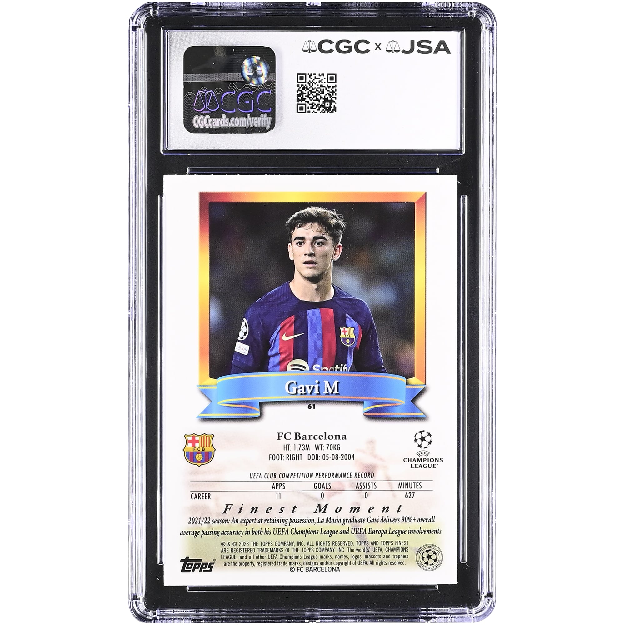 Carte Gavi Barcelone autographiée 2022-23 Topps Finest Flashbacks UCC #61 authentifiée CGC 9,5/10