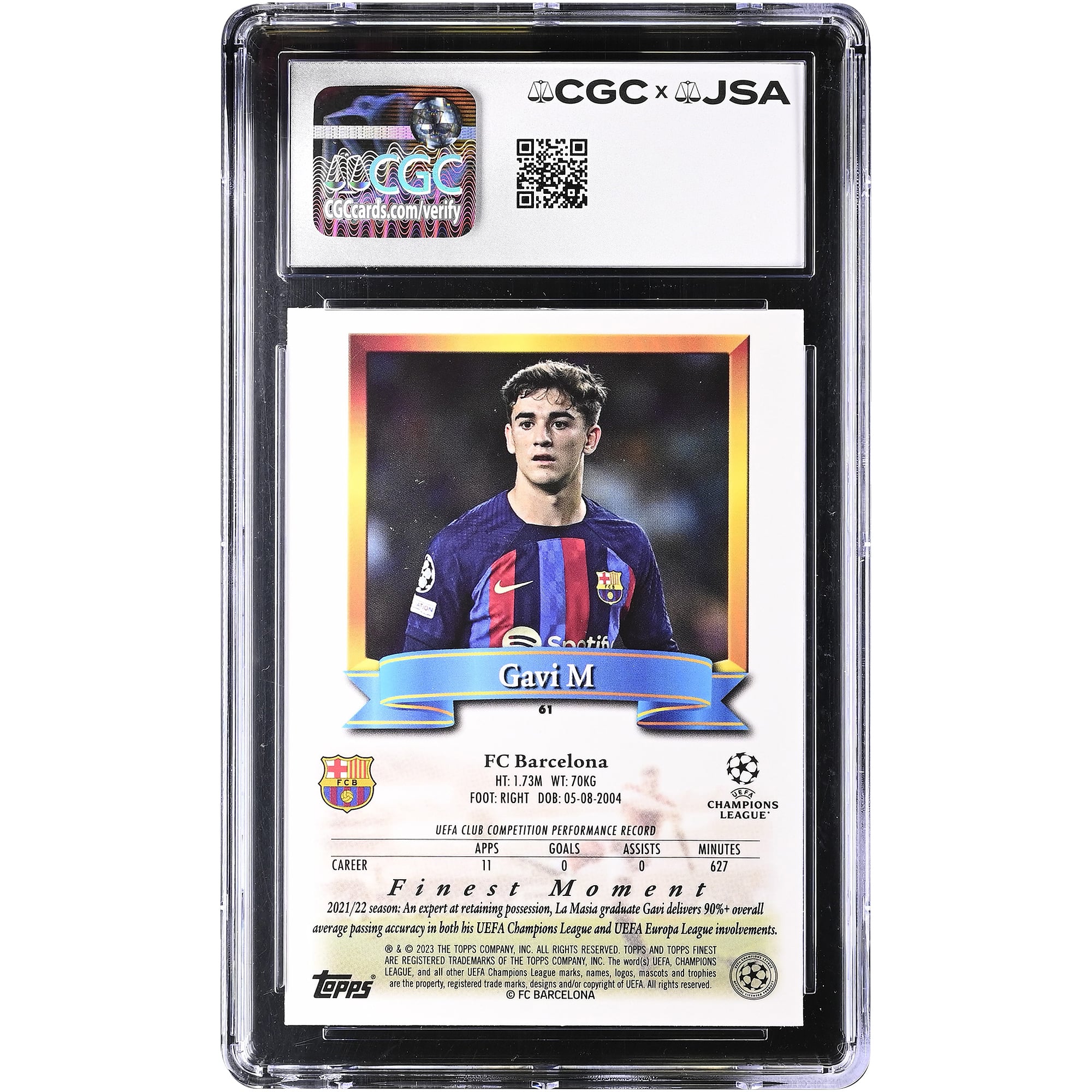 Gavi Barcelona Autographed 2022-23 Topps Finest Flashbacks UCC #61 CGC Authenticated Auto 10 Card
