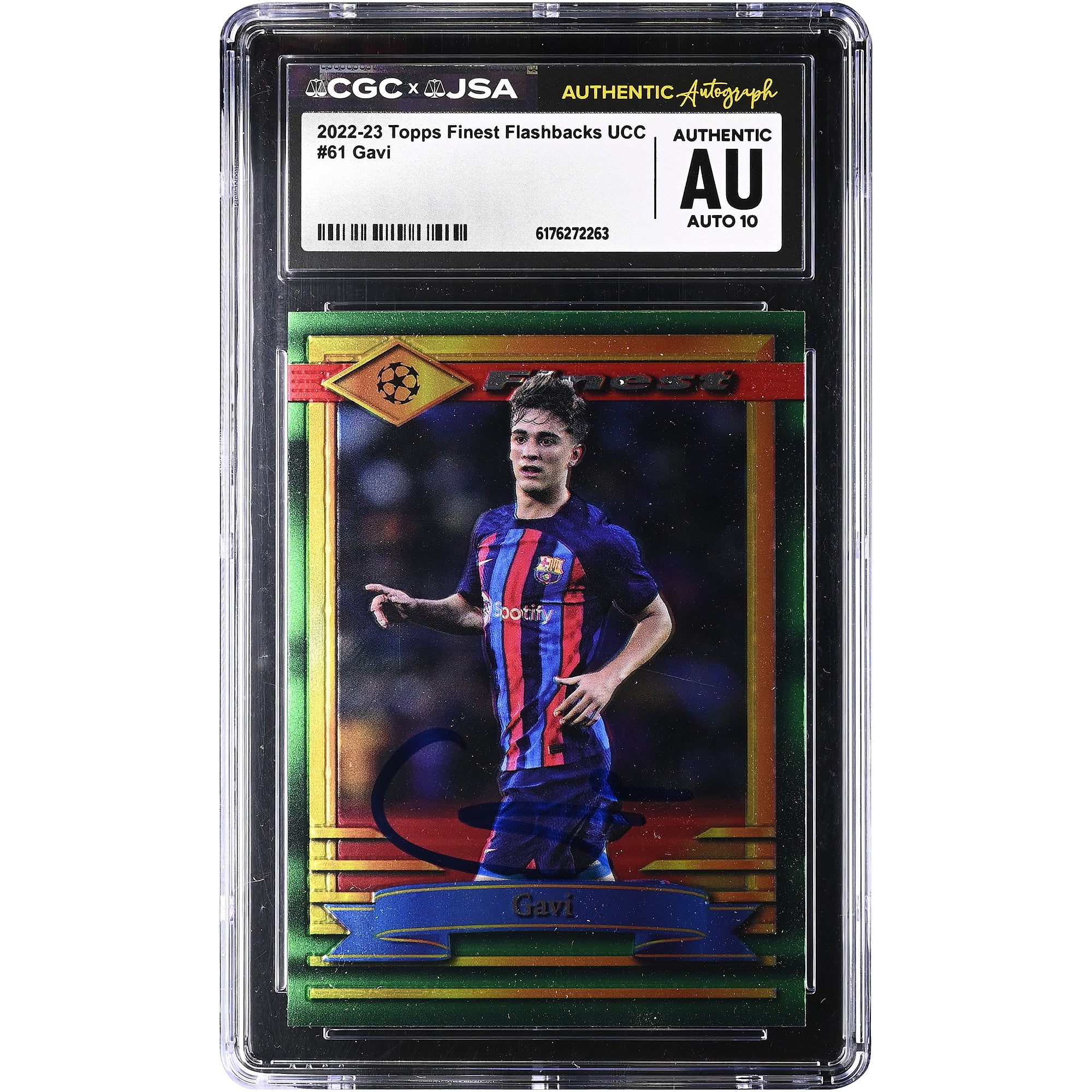 Gavi Barcelona Autographed 2022-23 Topps Finest Flashbacks UCC #61 CGC Authenticated Auto 10 Card