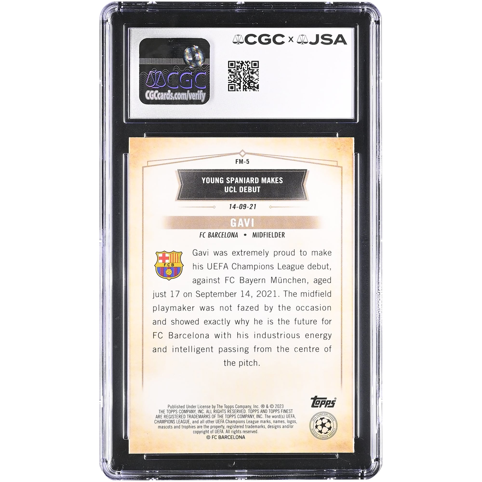 Gavi Barcelona Autographed 2022-23 Topps Finest UEFA CC Finest Moments #FM-5 CGC Authenticated 9/10 Card