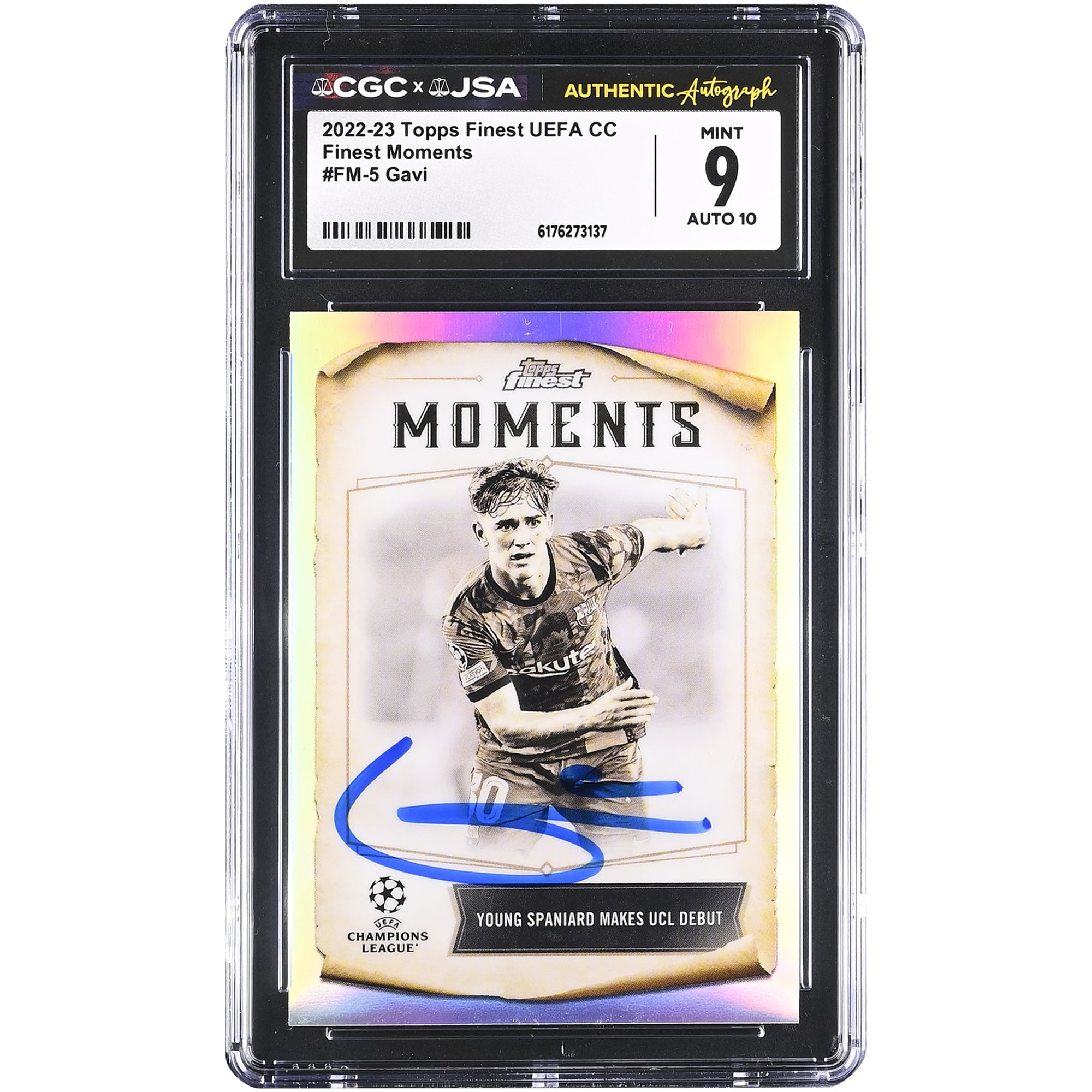 Gavi Barcelona Autographed 2022-23 Topps Finest UEFA CC Finest Moments #FM-5 CGC Authenticated 9/10 Card