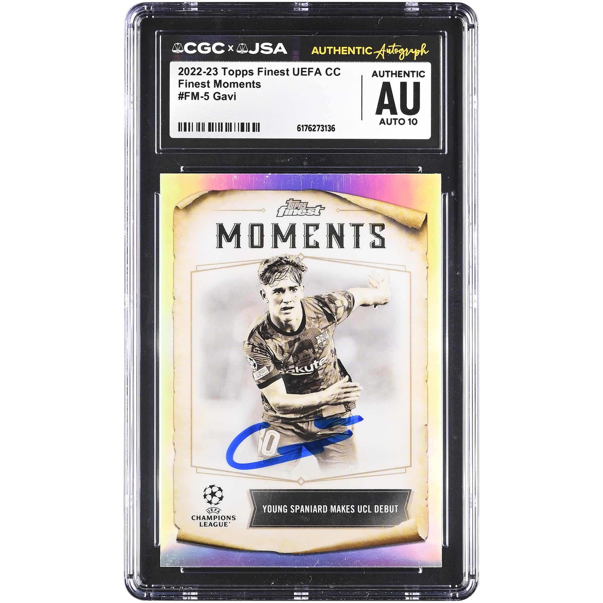 Gavi Barcelona Autographed 2022-23 Topps Finest UEFA CC Finest Moments #FM-5 CGC Authenticated Auto 10 Card