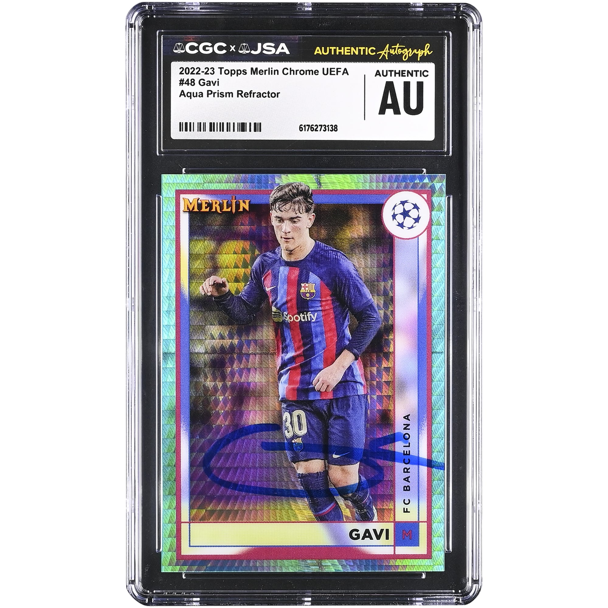 Gavi Barcelona Autographed 2022-23 Topps Merlin Chrome UEFA Aqua Prism Refractor #48 CGC Authenticated Card