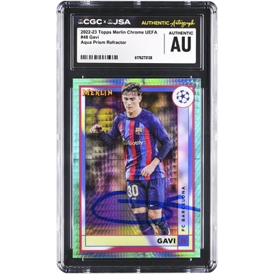 Gavi Barcelona Autographed 2022-23 Topps Merlin Chrome UEFA Aqua Prism Refractor #48 CGC Authenticated Card