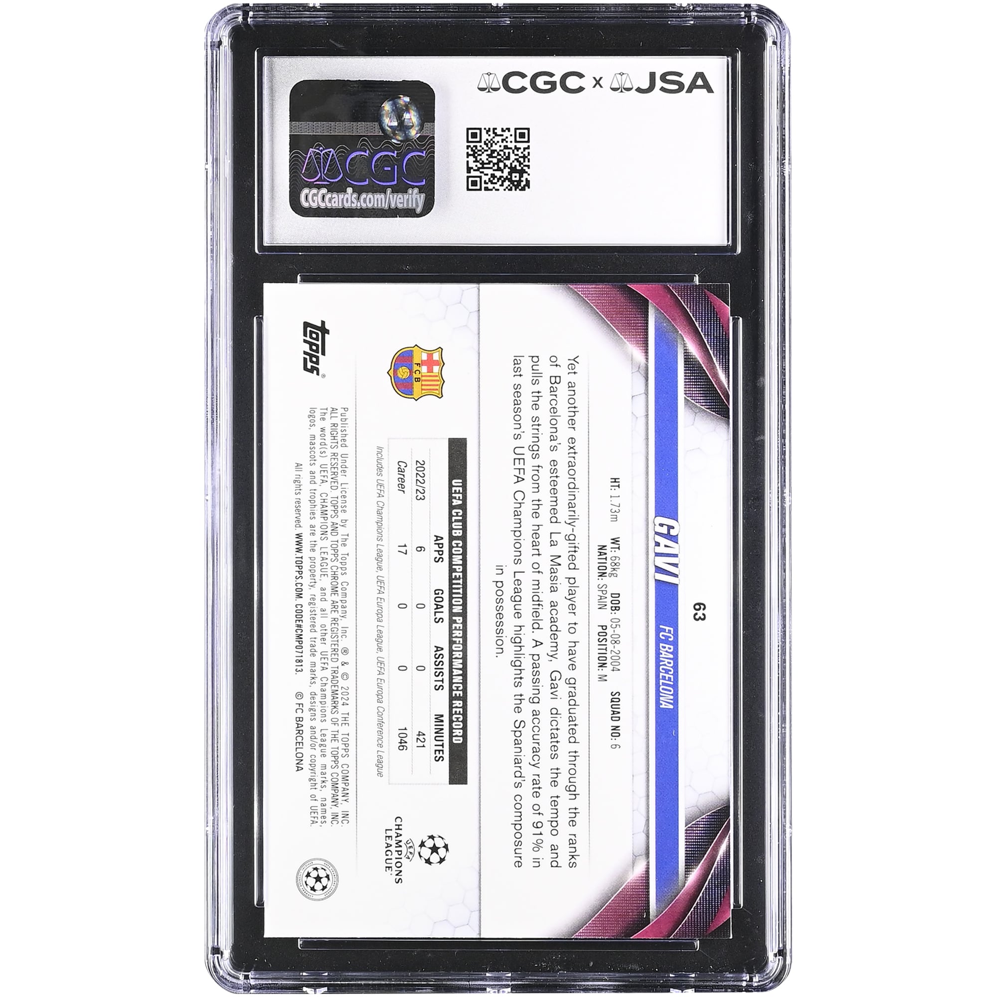Gavi Barcelona Autographed 2023-24 Topps Chrome Sapphire UCC #63 CGC Authenticated Auto 10 Card