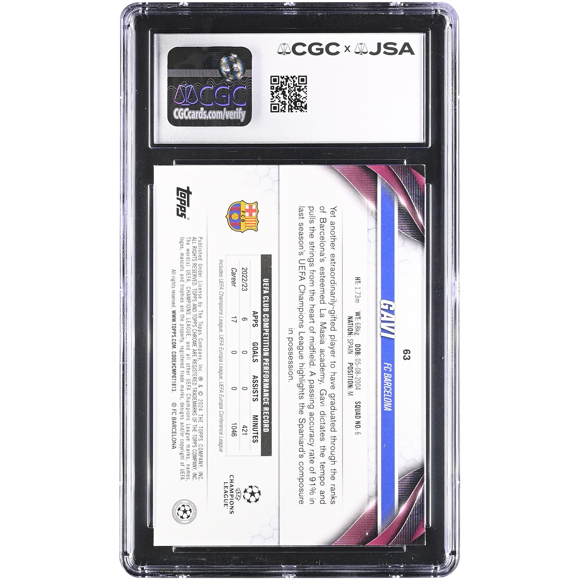 Gavi Barcelona Autographed 2023-24 Topps Chrome UEFA CC #63 CGC Authenticated Auto 10 Card