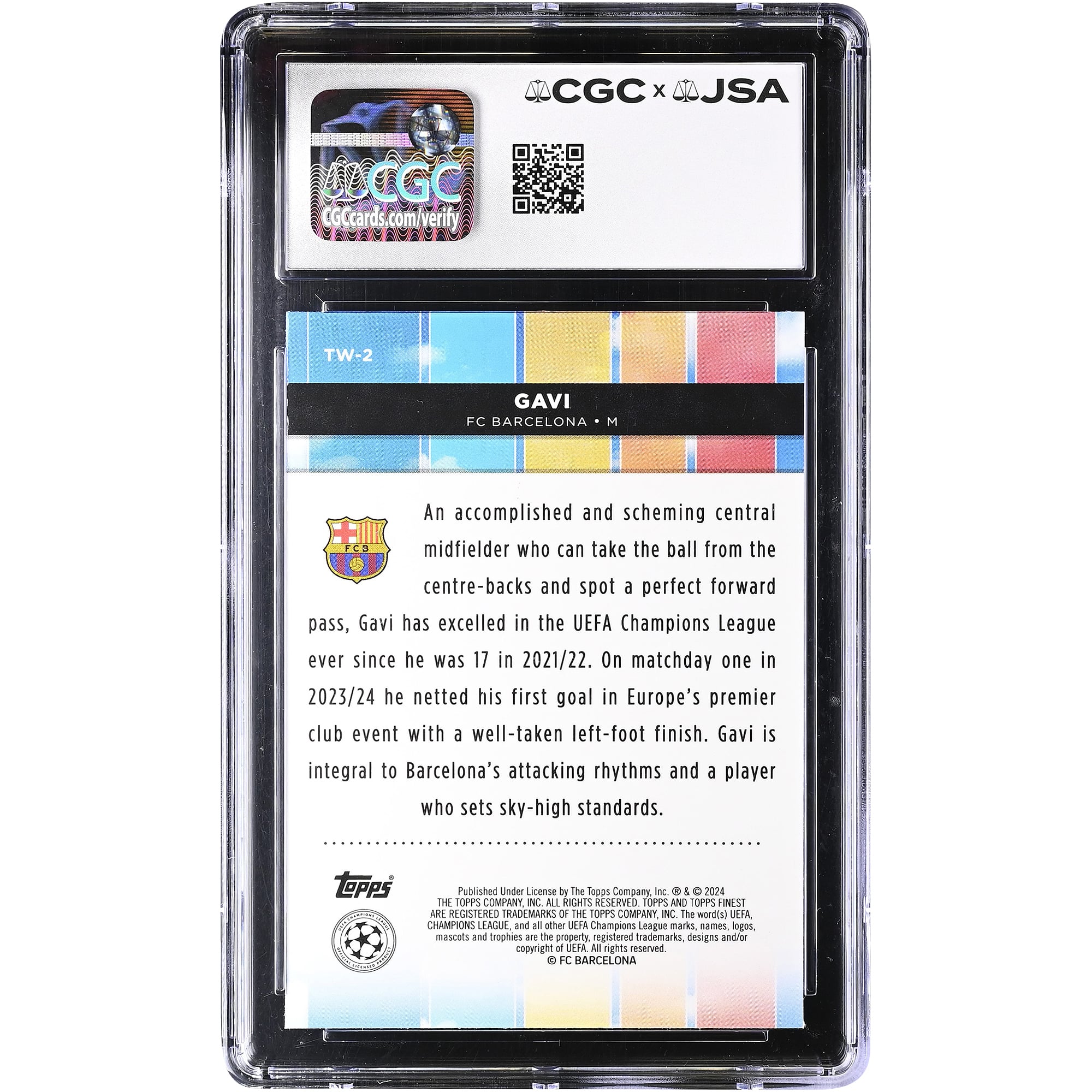 Carte Gavi Barcelone autographiée 2023-24 Topps Finest UEFA CC Top of the World #TW-2, authentifiée CGC 10/10