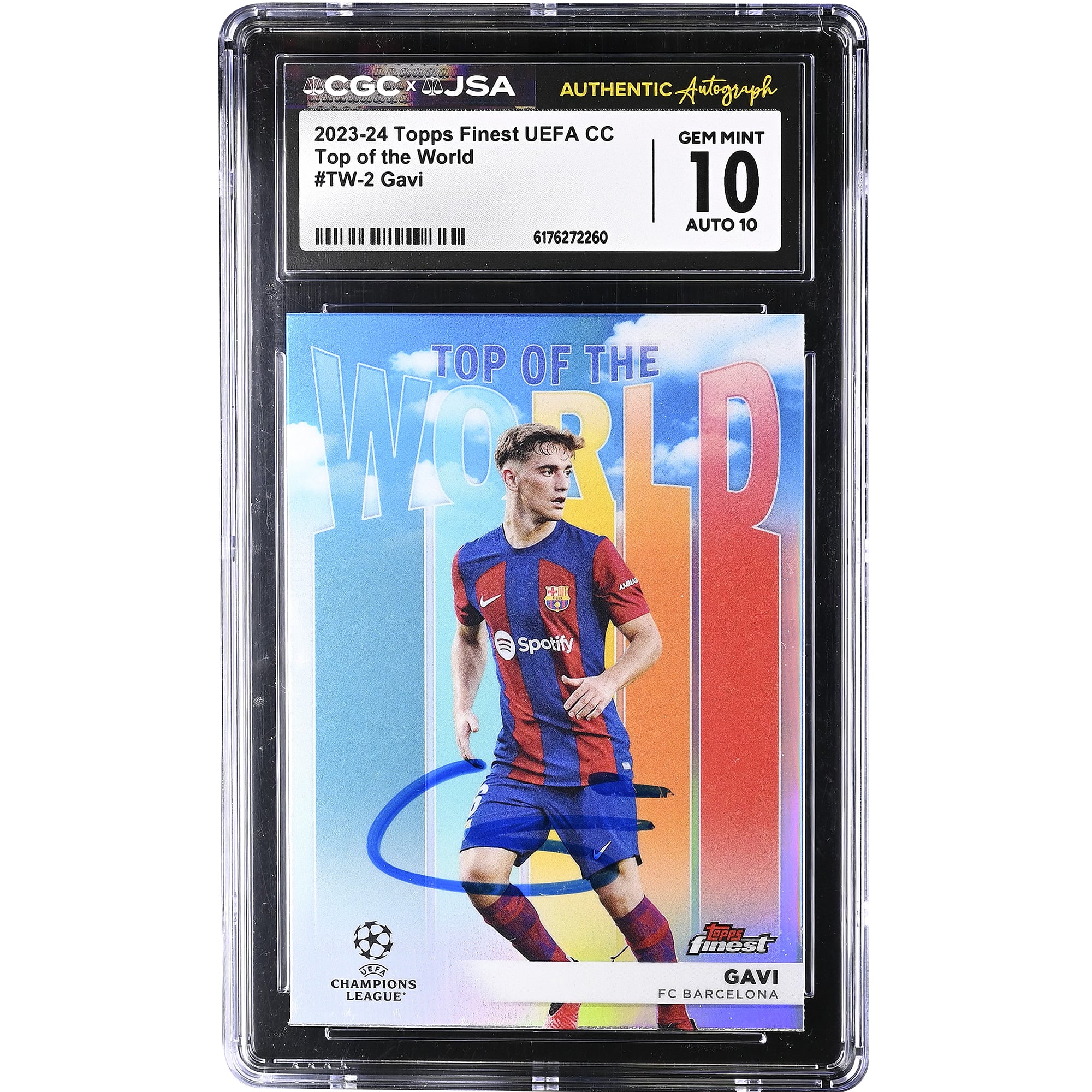 Carte Gavi Barcelone autographiée 2023-24 Topps Finest UEFA CC Top of the World #TW-2, authentifiée CGC 10/10