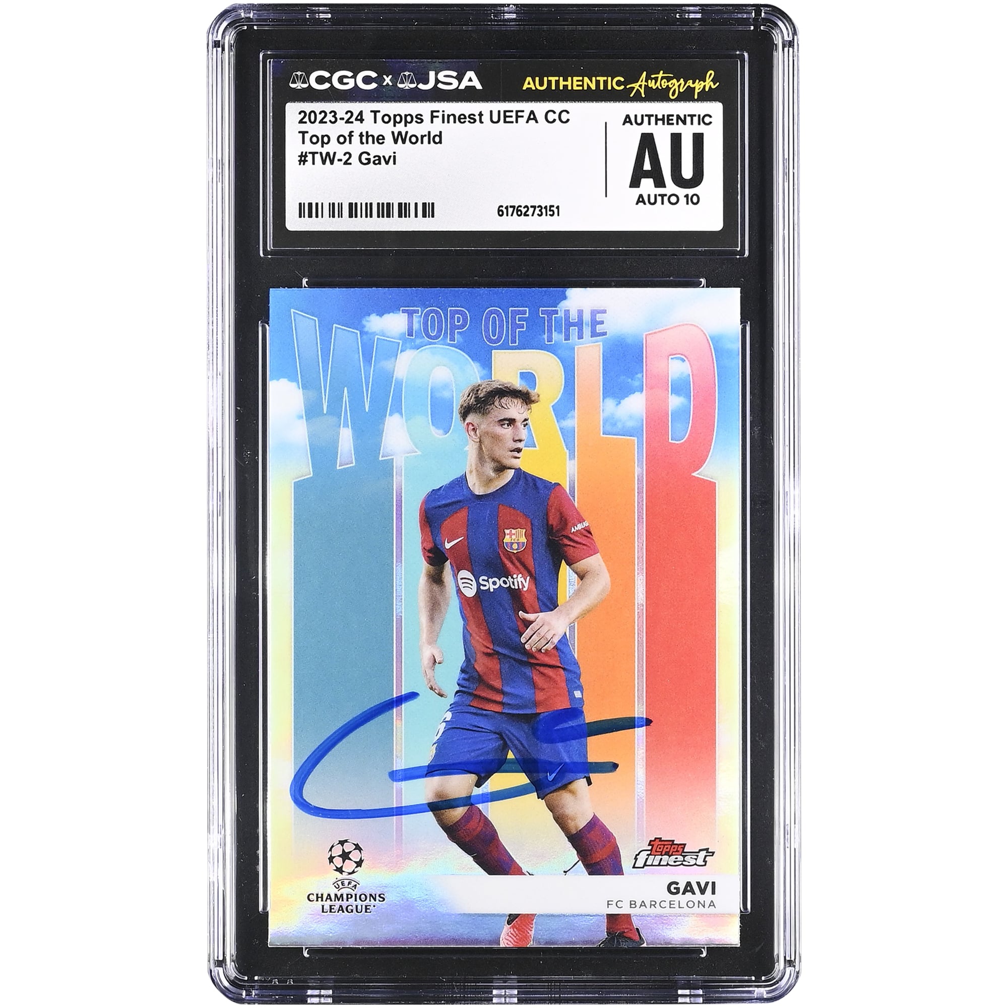 Gavi Barcelona Autographed 2023-24 Topps Finest UEFA CC Top of the World #TW-2 CGC Authenticated Auto 10 Card