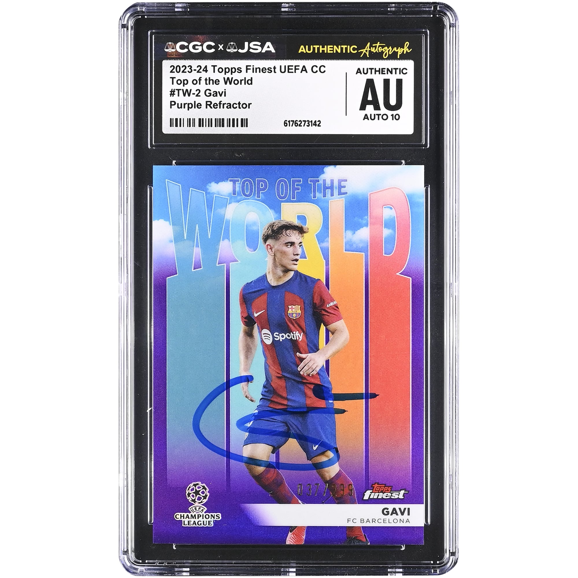 Gavi Barcelona Autographed 2023-24 Topps Finest UEFA CC Top of the World Purple Refractor #TW-2 #/299 CGC Authenticated Auto 10 Card