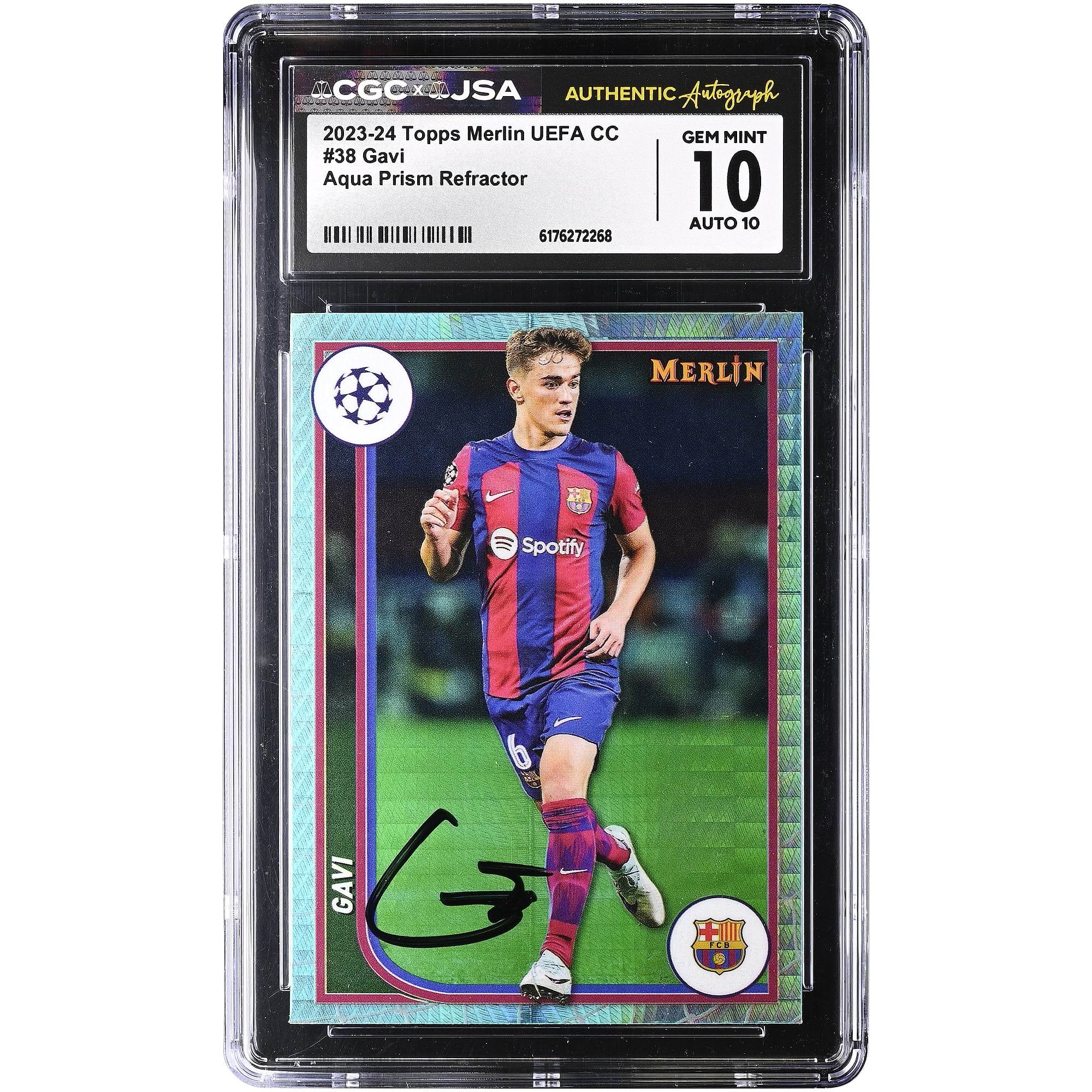 Gavi Barcelona Autographed 2023-24 Topps Merlin UEFA CC Aqua Prism Refractor #38 CGC Authenticated 10/10 Card