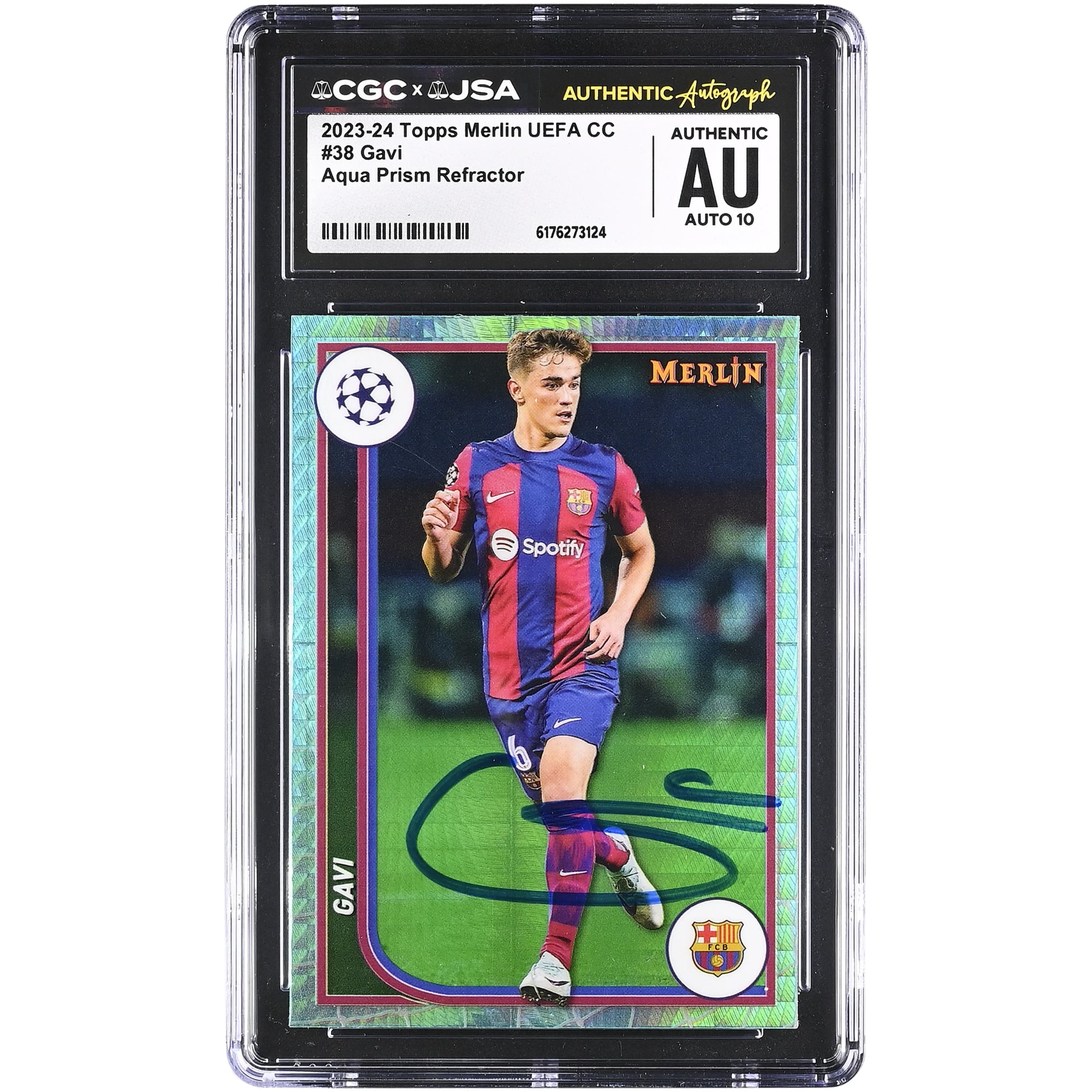 Gavi Barcelona Autographed 2023-24 Topps Merlin UEFA CC Aqua Prism Refractor #38 CGC Authenticated Auto 10 Card