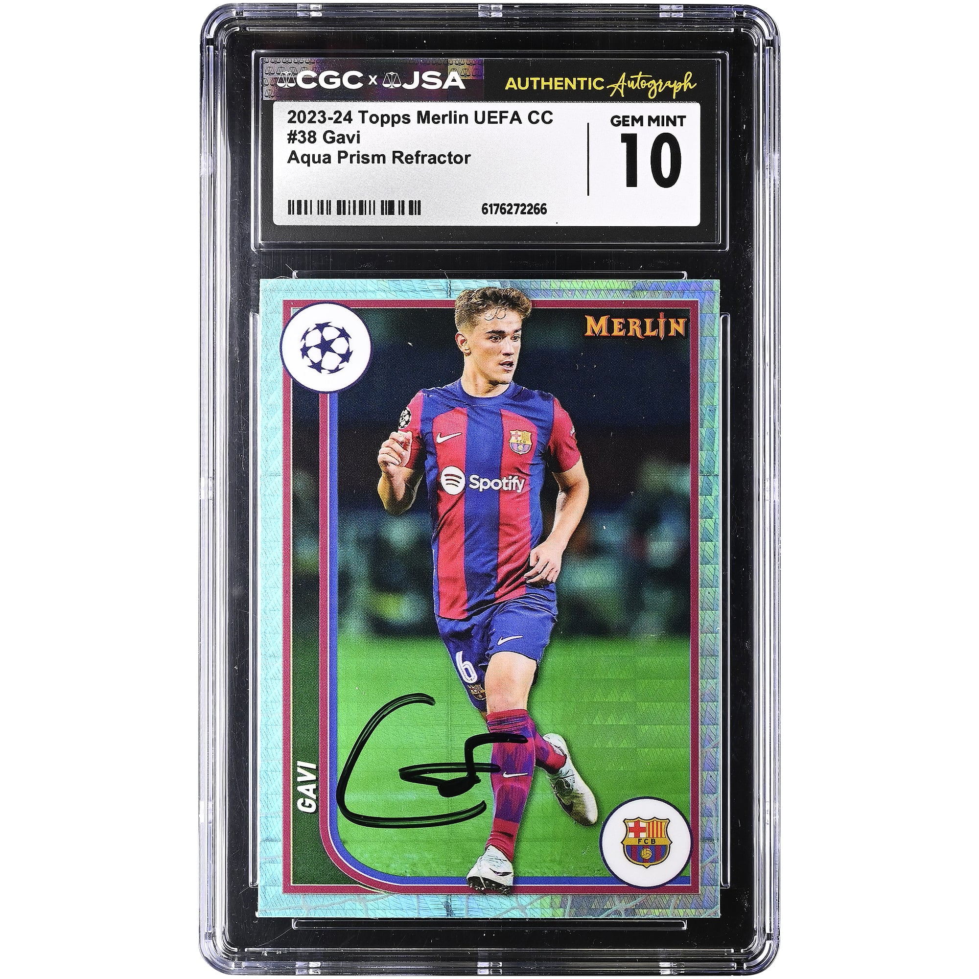 Gavi Barcelona Autographed 2023-24 Topps Merlin UEFA CC Aqua Prism Refractor #38 CGC Authenticated GEM MINT 10 Card