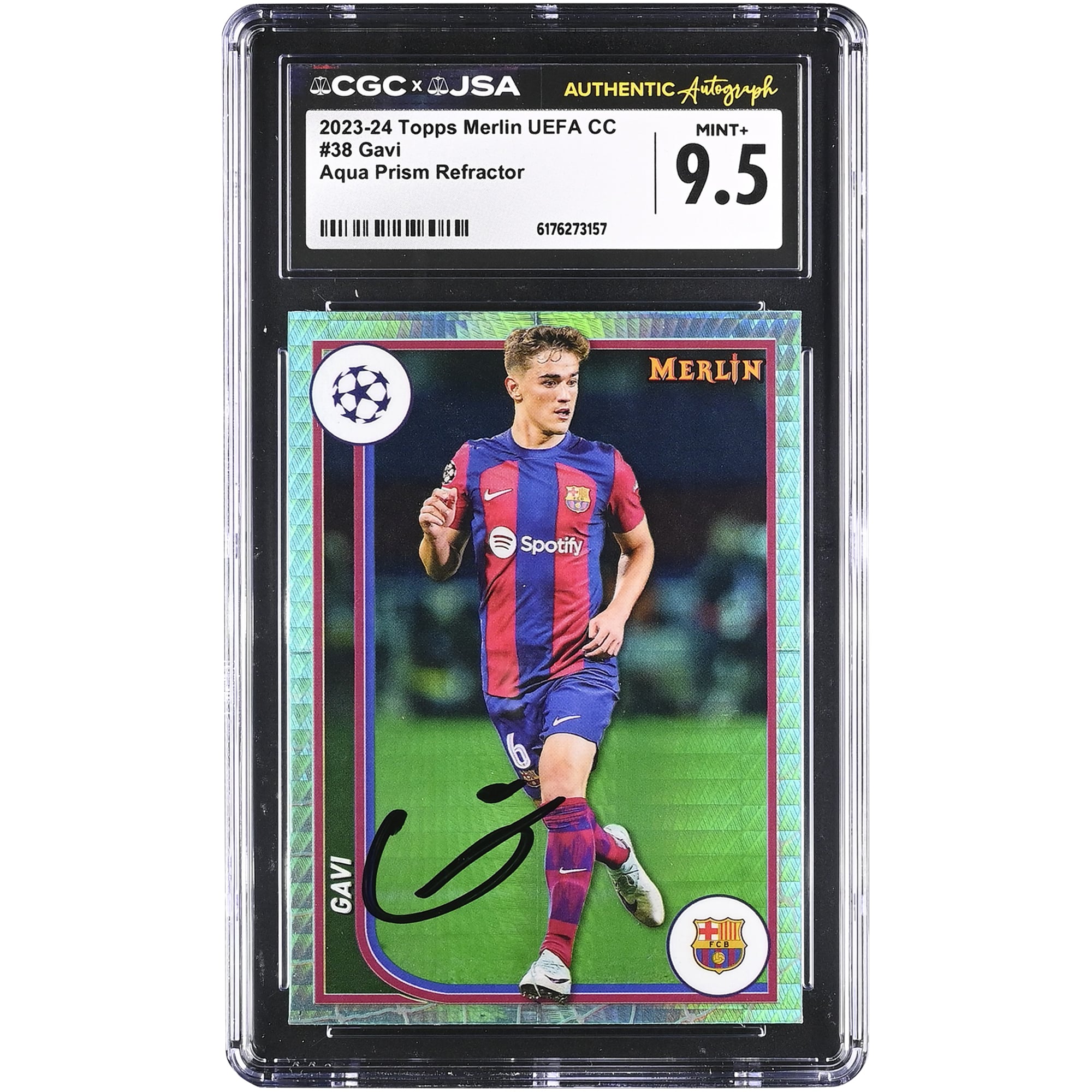 Gavi Barcelona Autographed 2023-24 Topps Merlin UEFA CC Aqua Prism Refractor #38 CGC Authenticated MINT+ 9.5 Card