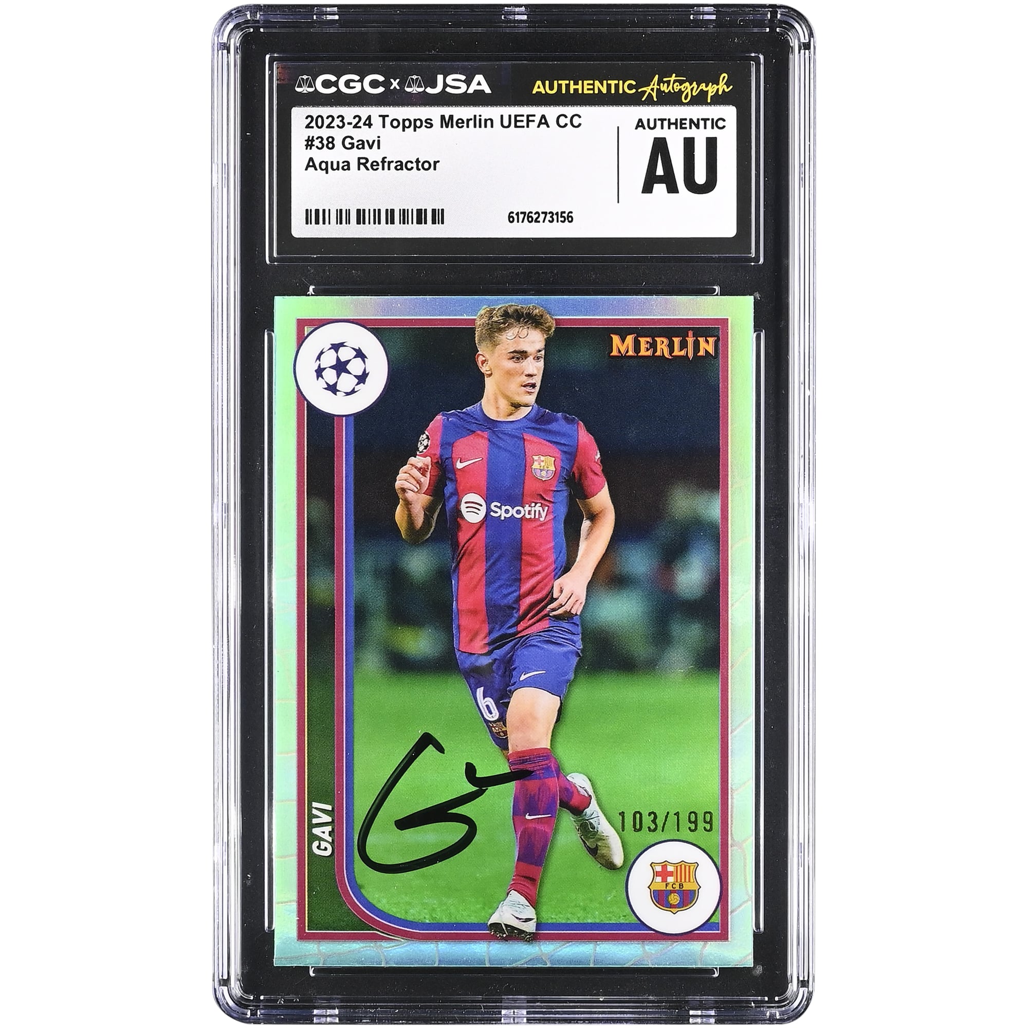 Gavi Barcelona Autographed 2023-24 Topps Merlin UEFA CC Aqua Refractor #38 #/199 CGC Authenticated Card