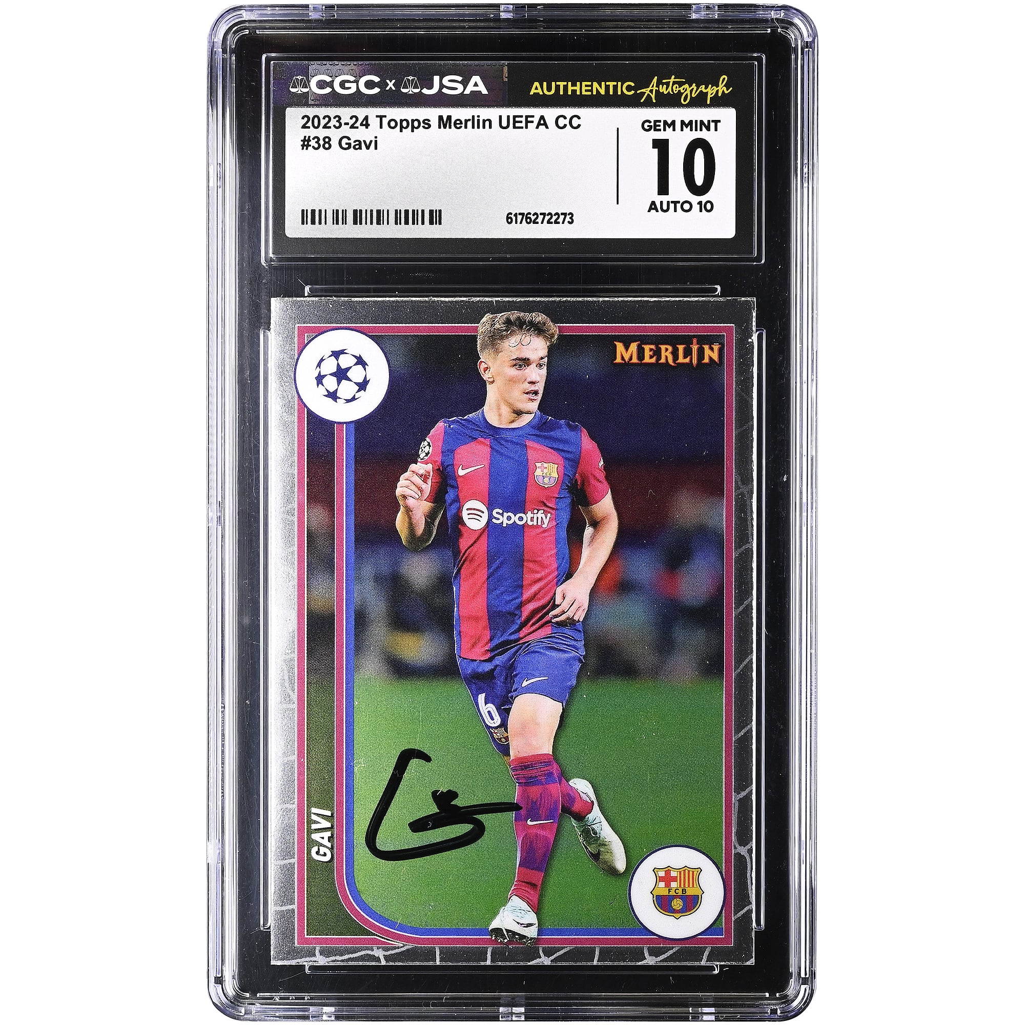Gavi Barcelona Autographed 2023-24 Topps Merlin UEFA CC #38 CGC Authenticated 10/10 Card