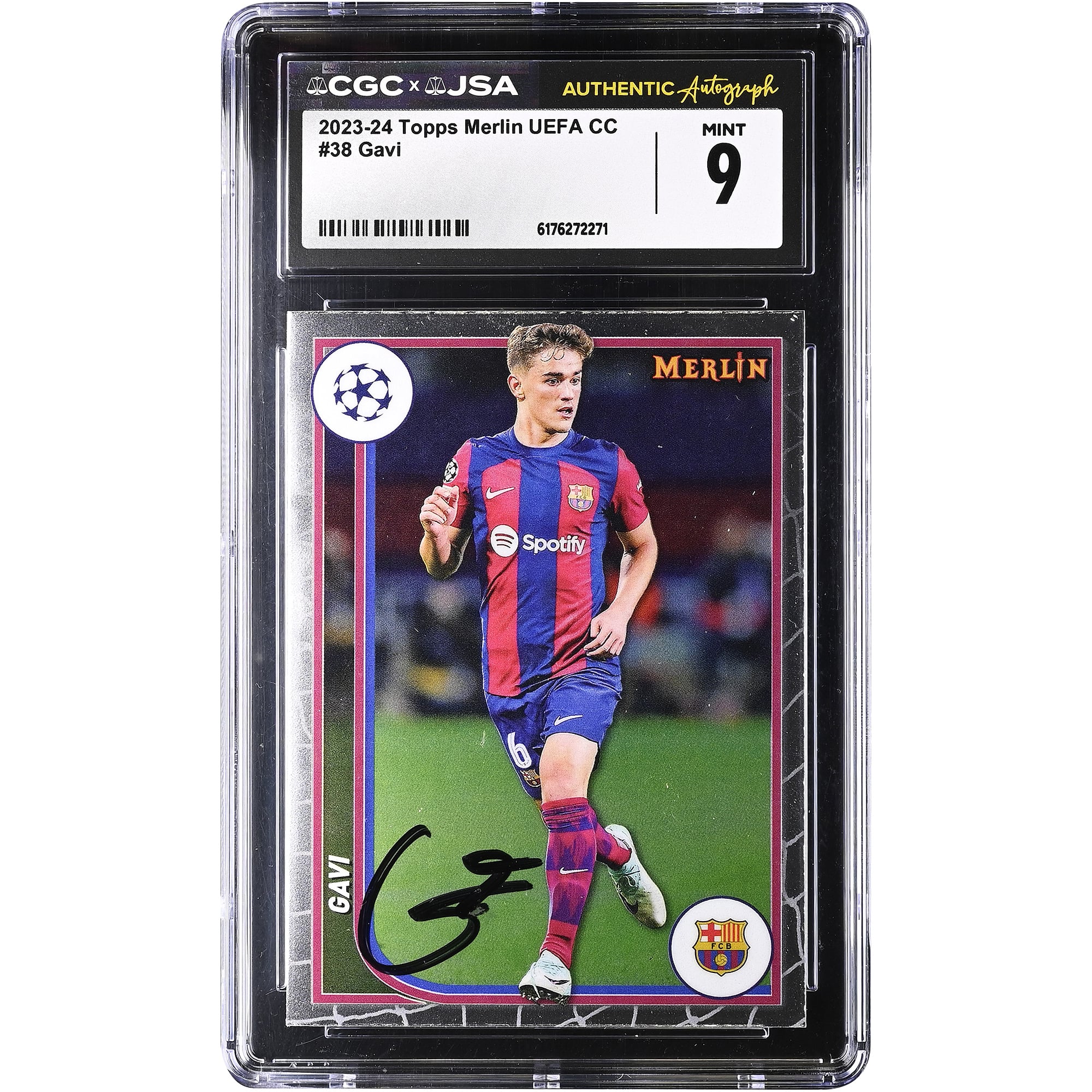 Gavi Barcelona Autographed 2023-24 Topps Merlin UEFA CC #38 CGC Authenticated MINT 9 Card