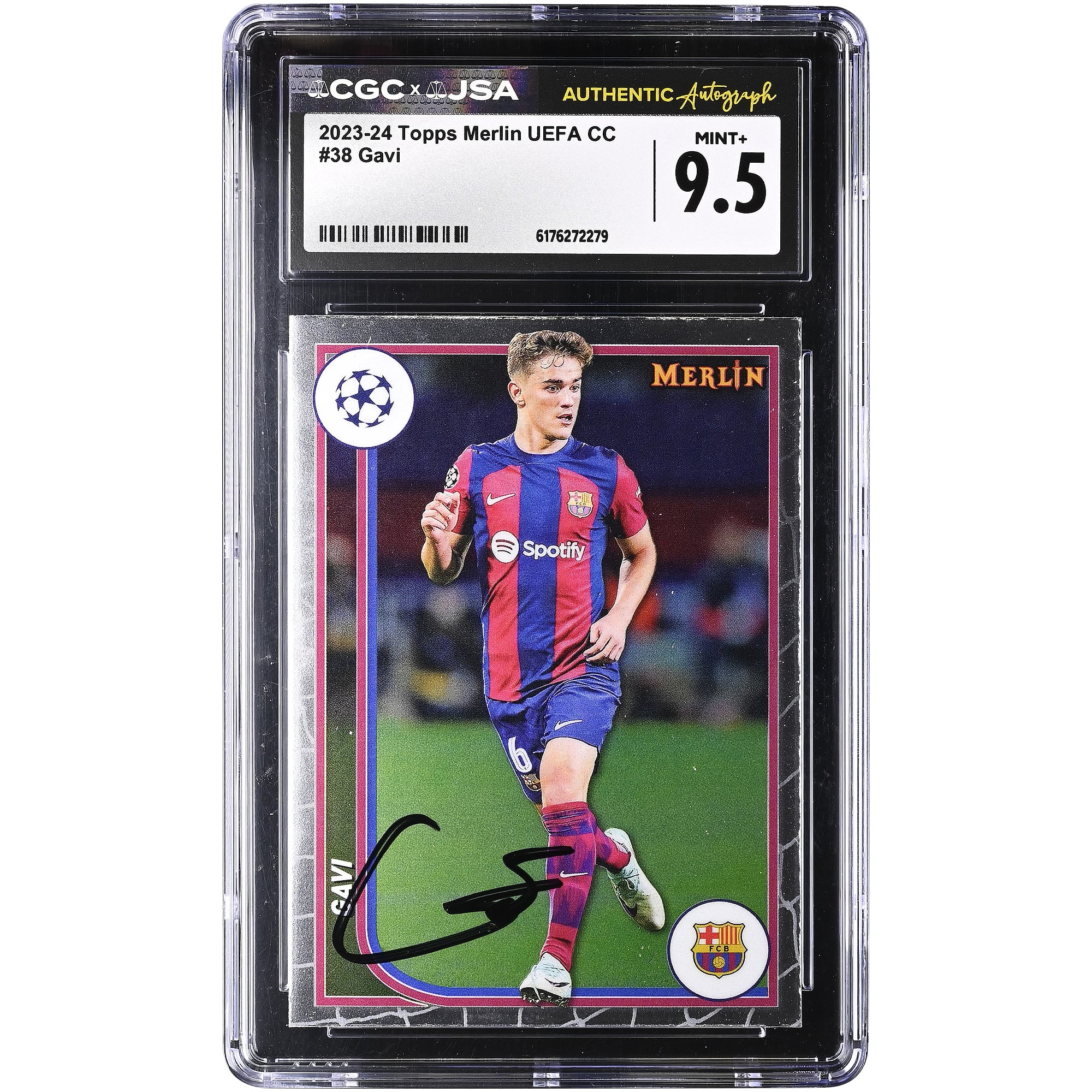 Carte Gavi Barcelone autographiée Topps Merlin UEFA CC 2023-24 n° 38, authentifiée CGC MINT+ 9.5