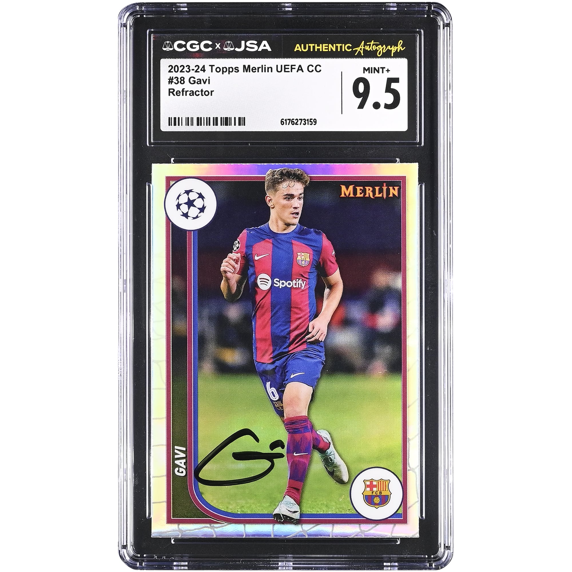 Gavi Barcelona Autographed 2023-24 Topps Merlin UEFA CC Refractor #38 CGC Authenticated MINT+ 9.5 Card