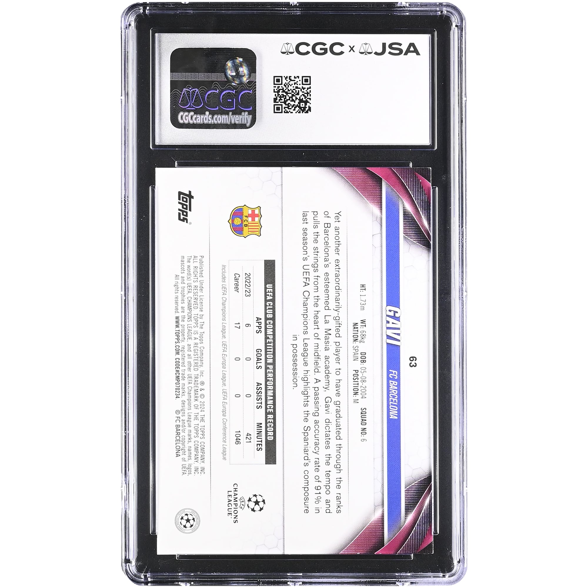 Gavi Barcelona Autographed 2023-24 Topps UEFA CC #63 CGC Authenticated 9/10 Card