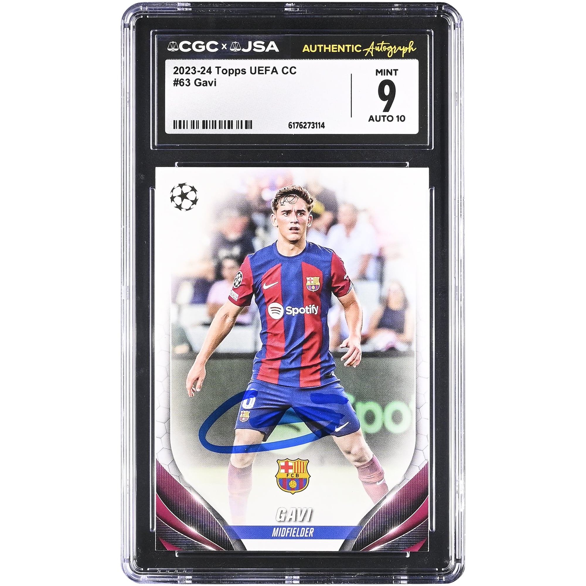 Gavi Barcelona Autographed 2023-24 Topps UEFA CC #63 CGC Authenticated 9/10 Card
