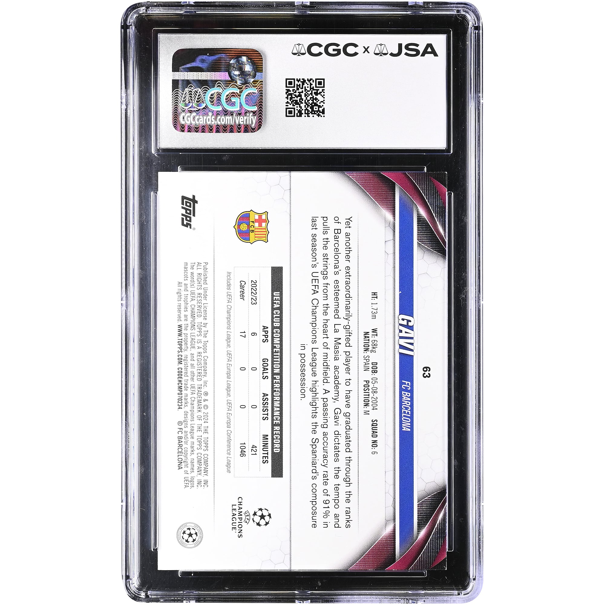 Gavi Barcelona Autographed 2023-24 Topps UEFA CC #63 CGC Authenticated Auto 10 Card