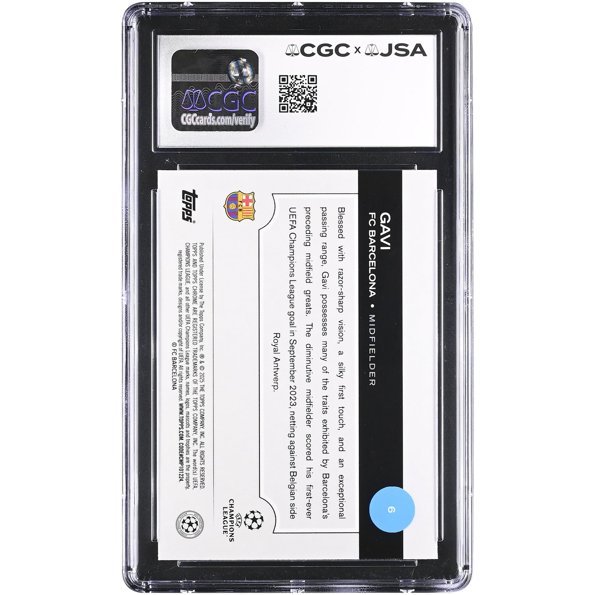 Carte authentifiée CGC Topps Chrome UEFA CC n° 6, signée par Gavi Barcelone, saison 2024-25